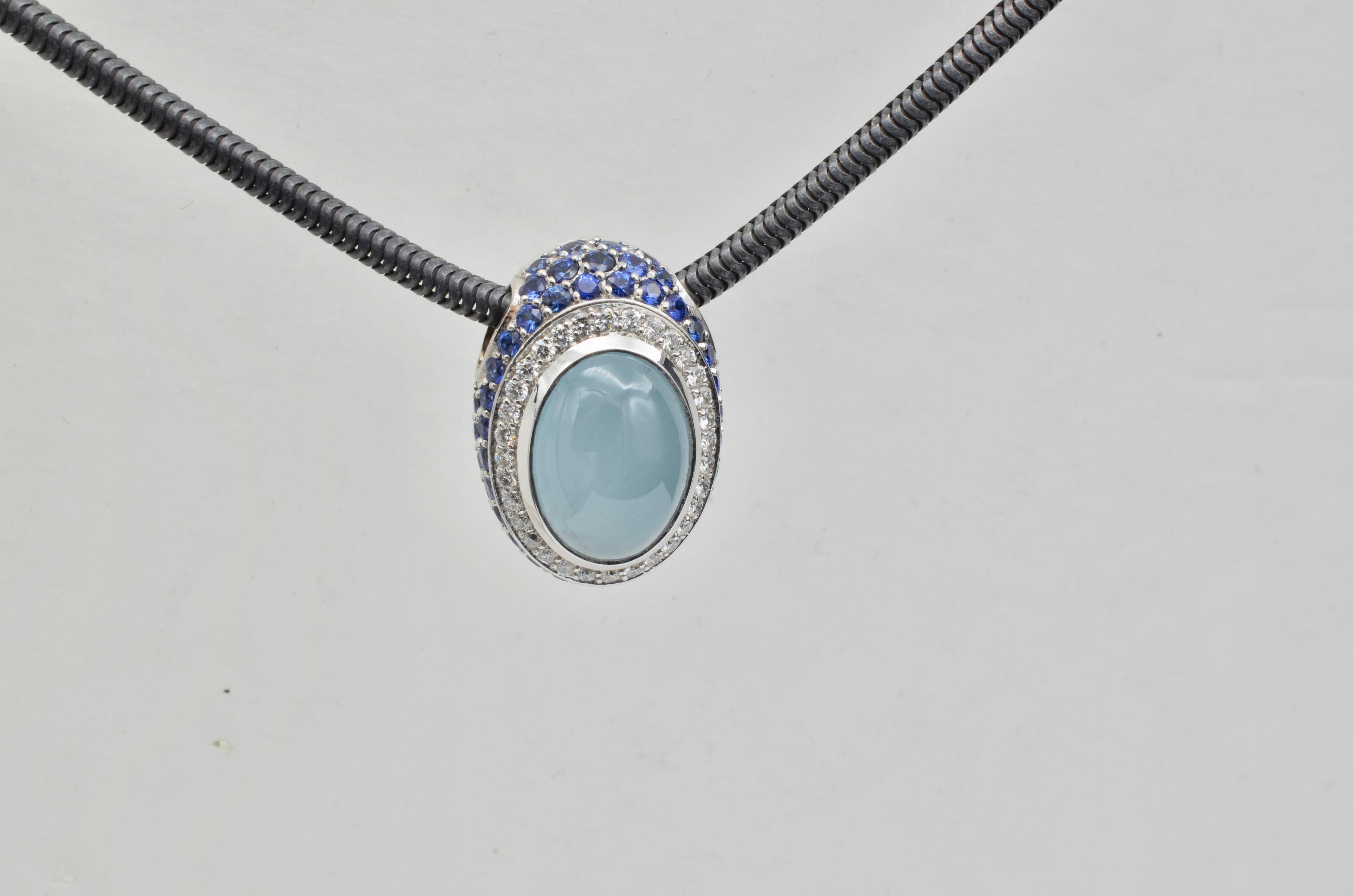 Round Cut Modern Aquamarine Milky Cabochon Diamond Sapphire Pendant 18 Karat Gold