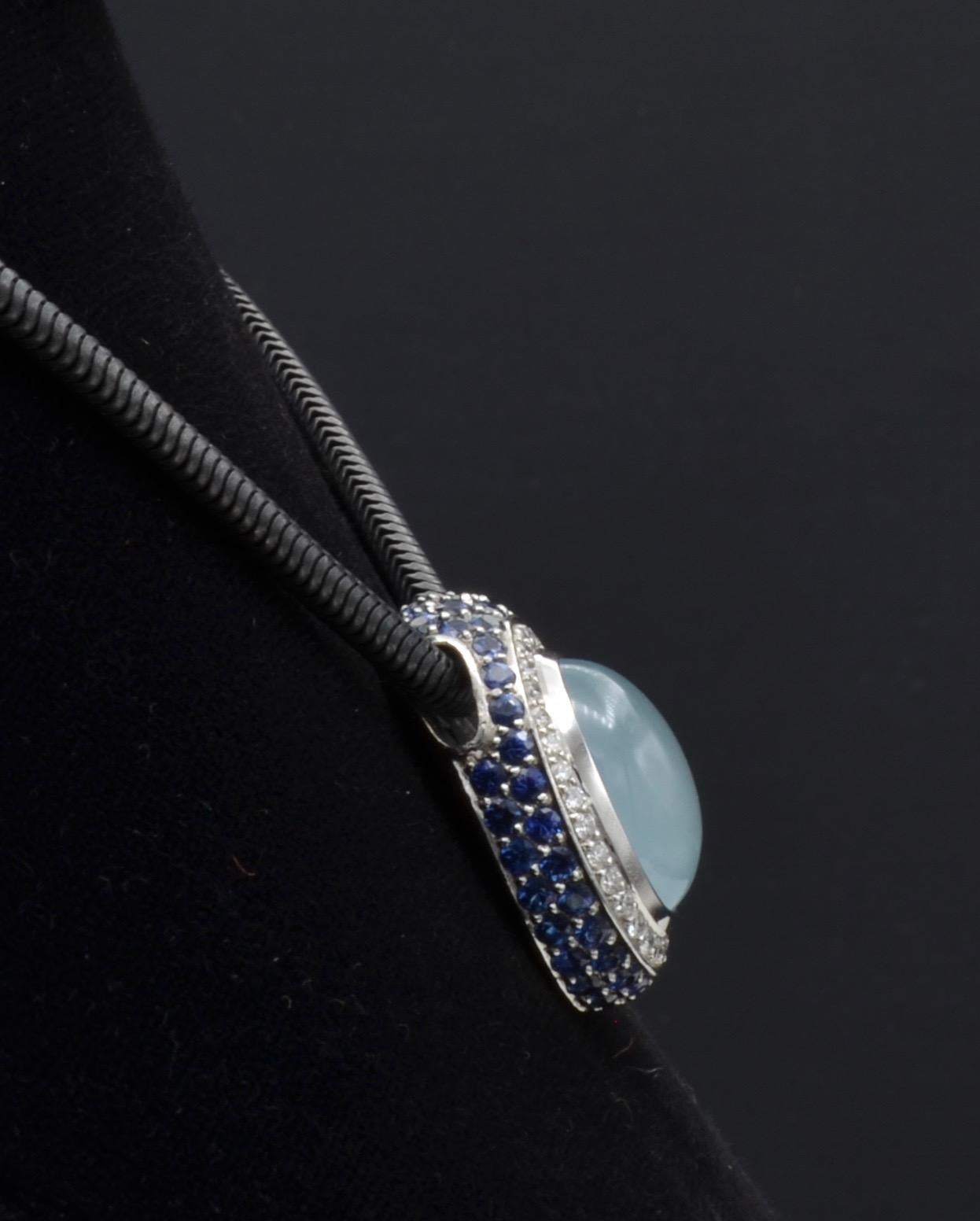 Women's or Men's Modern Aquamarine Milky Cabochon Diamond Sapphire Pendant 18 Karat Gold