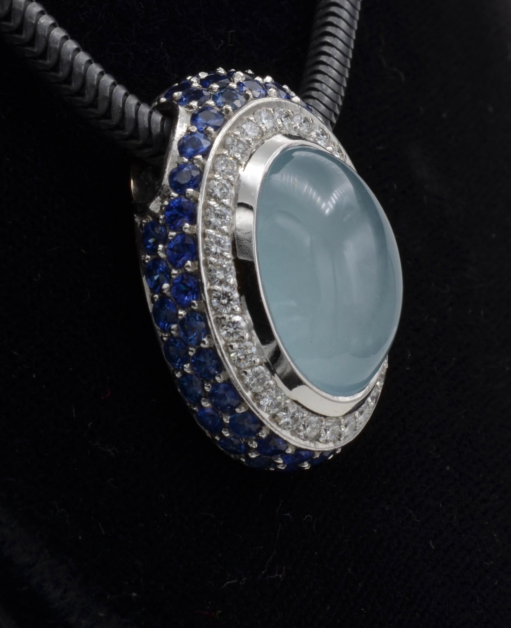 Modern Aquamarine Milky Cabochon Diamond Sapphire Pendant 18 Karat Gold 1