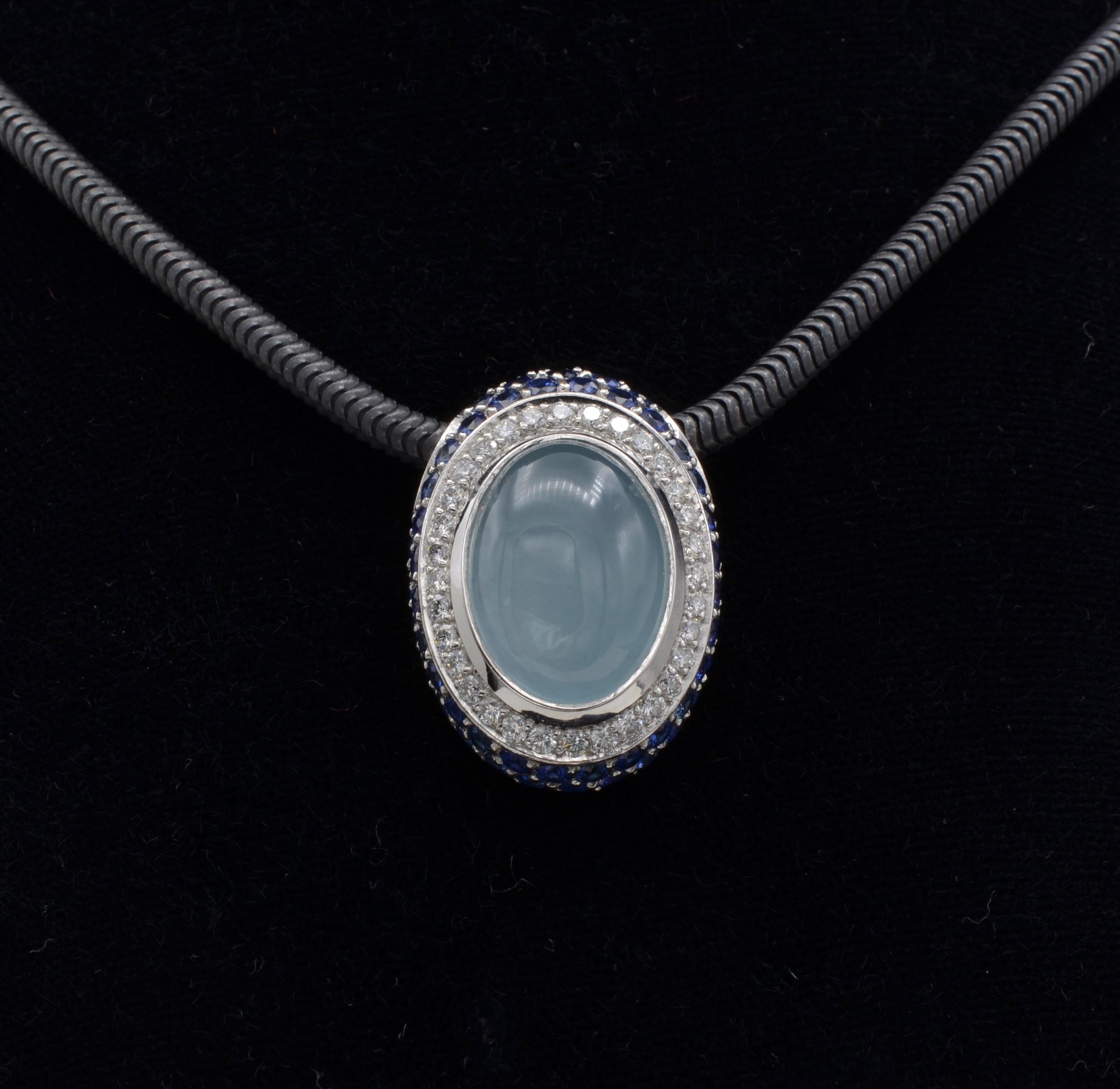 Modern Aquamarine Milky Cabochon Diamond Sapphire Pendant 18 Karat Gold 2