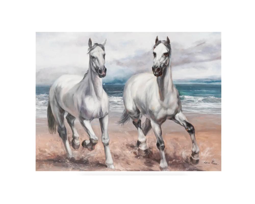 Leon Frias, Spanish, born 1946, oil painting on canvas, Arabian Stallions on Beach. Signed lower right.

Leon Frias is a Spanish artist known for landscapes and animalistic genre. One of a kind artwork.

Dimensions: 32 x 38 in. All measurements