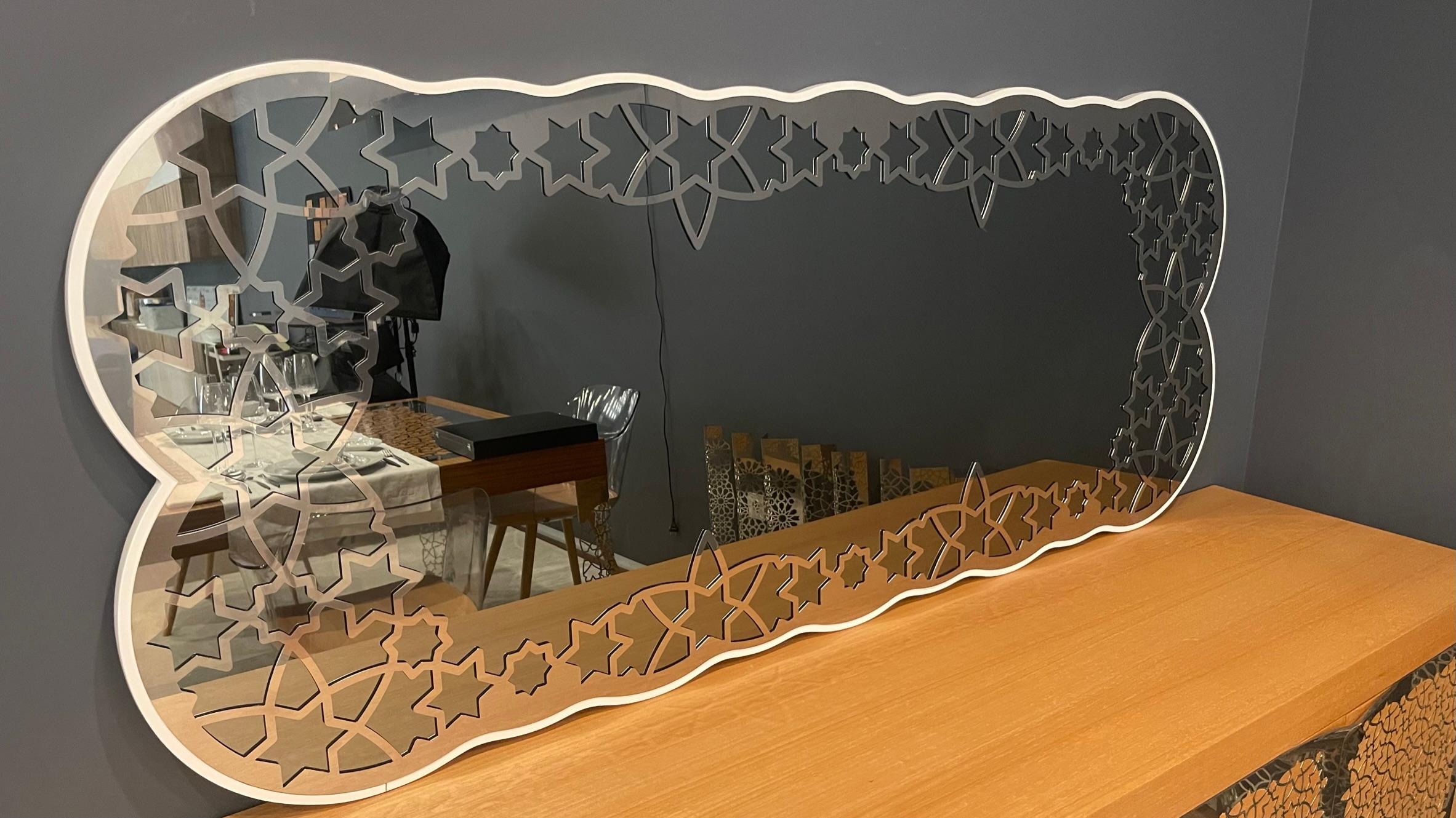 Hand-Crafted Modern Arabic-Inspired Wall Mirror in Polished Stainless Steel & White Lacquer For Sale