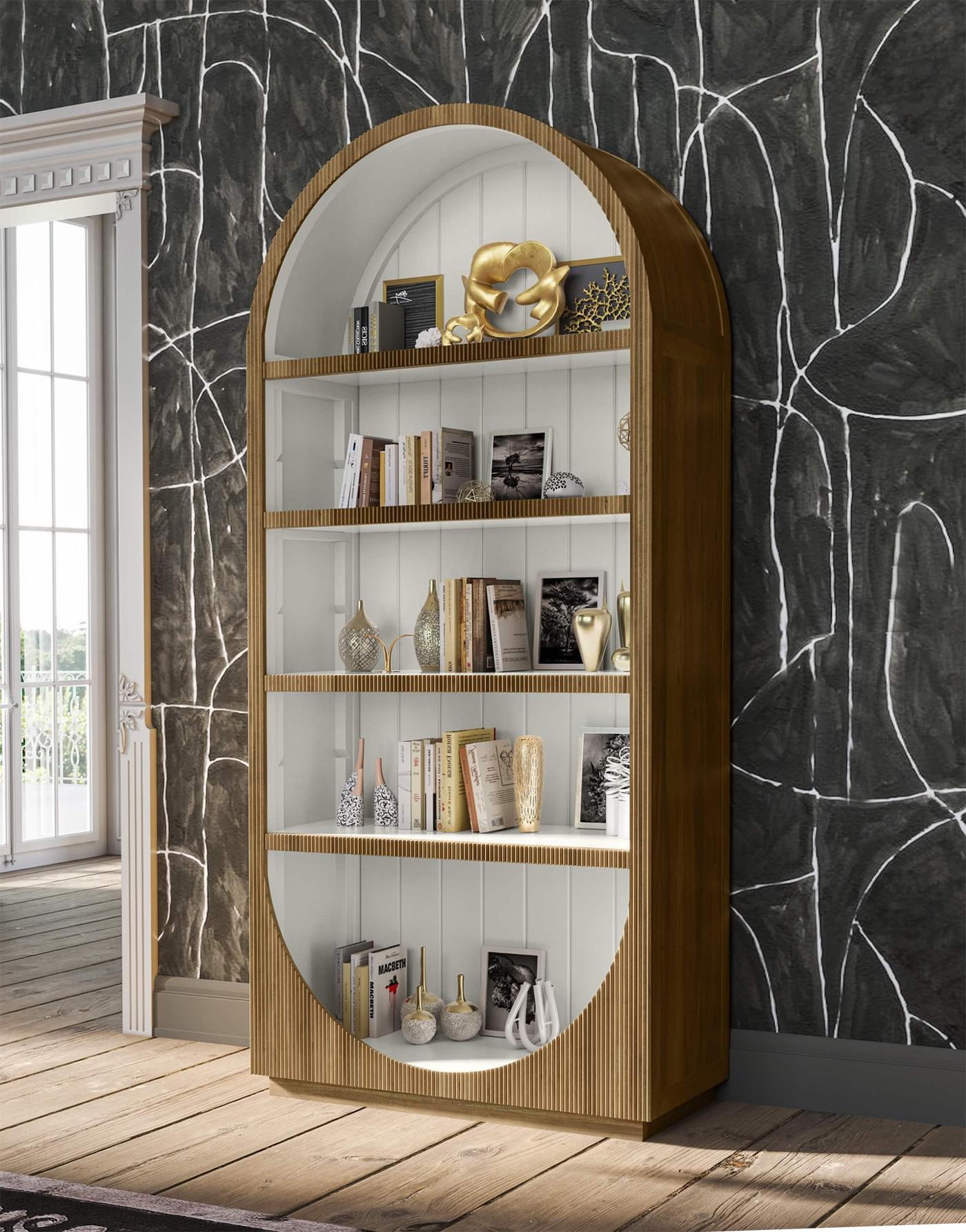 Crafted from mahogany and finished in a warm Antique French Oak, this vertical display piece features a gracefully arched top, open shelving, and a reeded front façade that introduces organic texture. The interior is painted in a crisp True White,