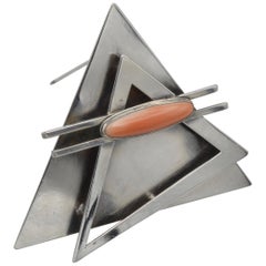 Modern Architectural 1960 Silver Brooch Coral Cabochon