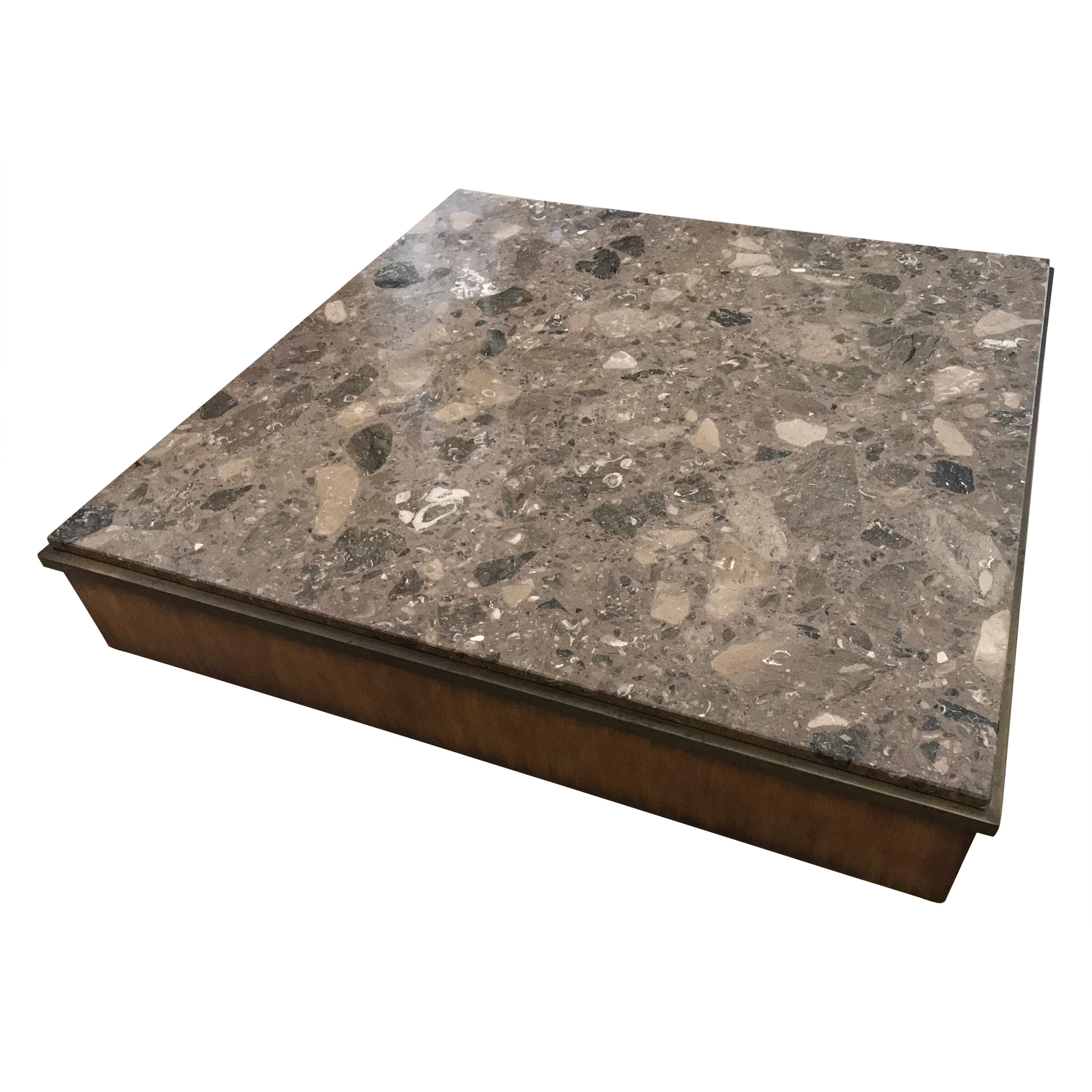 Modern Architectural Rare Brown Terrazzo Marble, Bronze and Wood Coffee Table