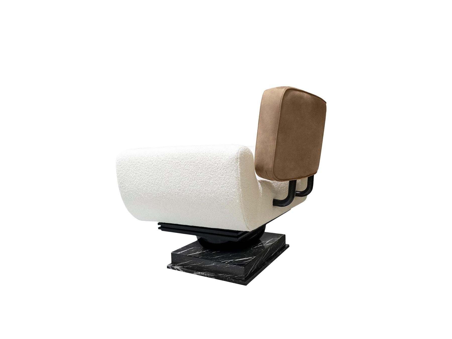 Mid-Century Modern Modern Armchair Bouclé, Leather Upholstered & Nero Marquina Marble For Sale