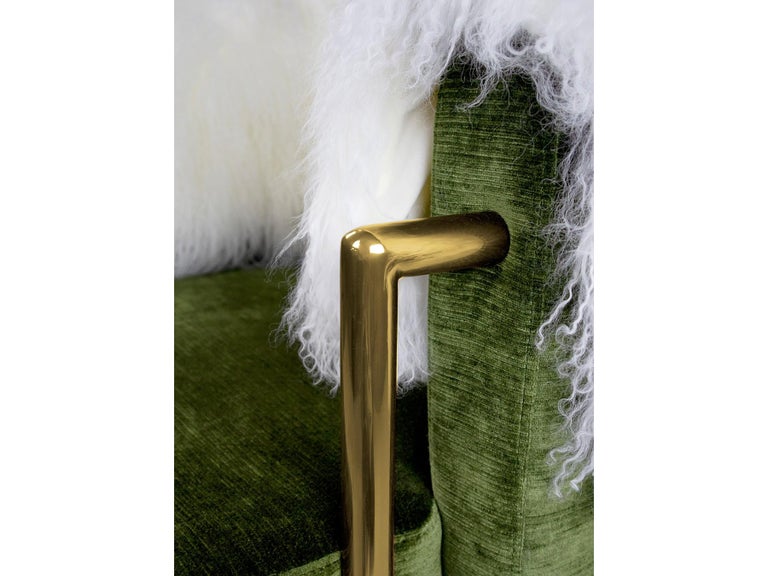 Hand-Crafted 21th Century Modern Green Velvet Armchair Back in Fur, Polished Brass Legs For Sale
