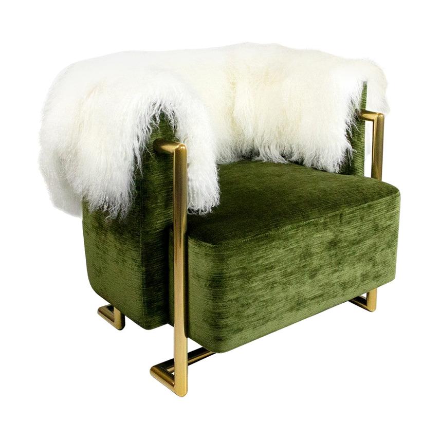 21th Century Modern Green Velvet Armchair Back in Fur, Polished Brass Legs