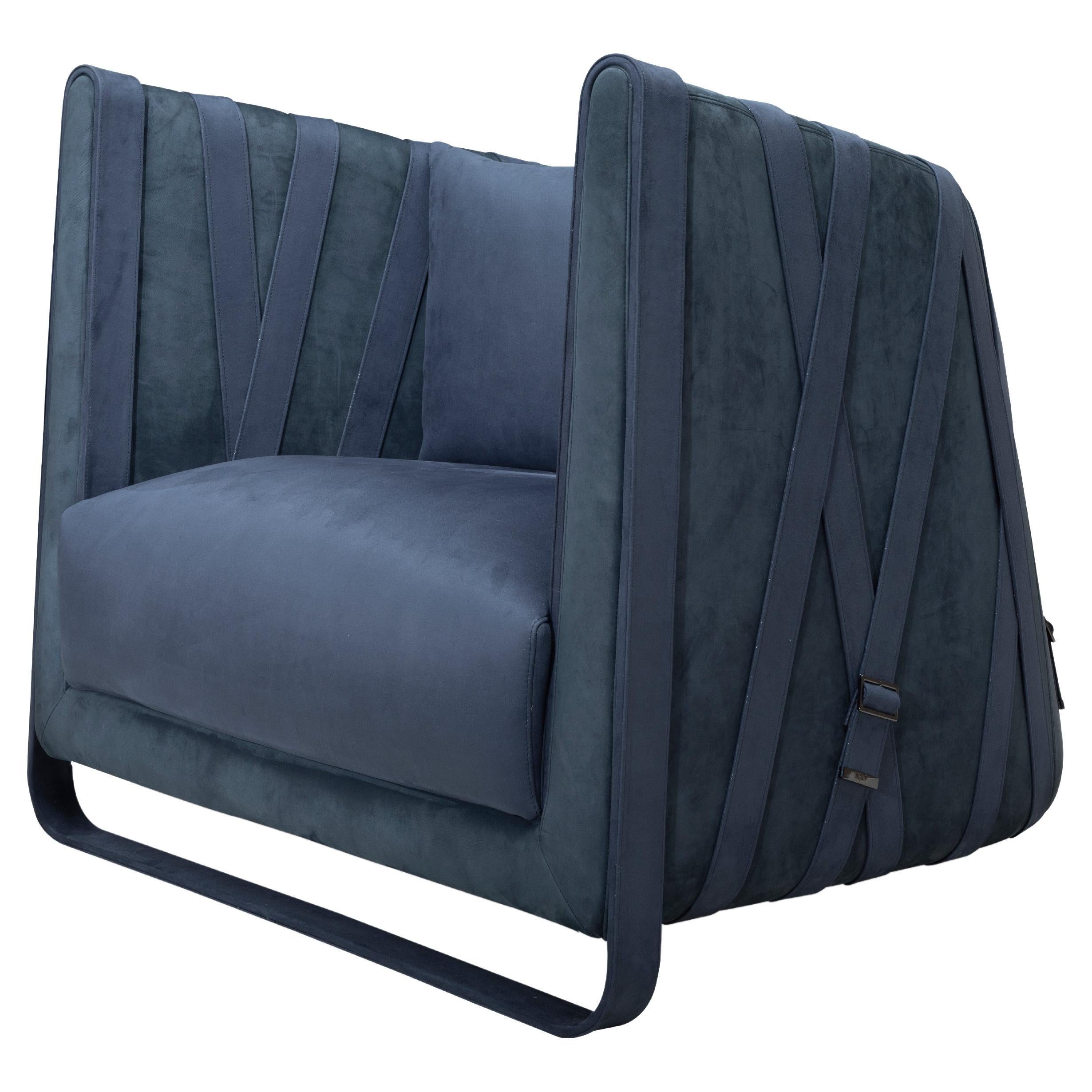 Modern Armchair with Leather Belt Details, Navy For Sale