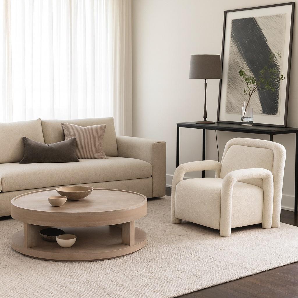 Moderner Sessel mit rohrförmigen Armlehnen und Bouclé-Polsterung (Moderne der Mitte des Jahrhunderts) im Angebot