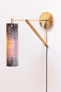 Modern Armed Sconce Linen Micarta, Polished Brass, Plug-in, Mutuus Studio