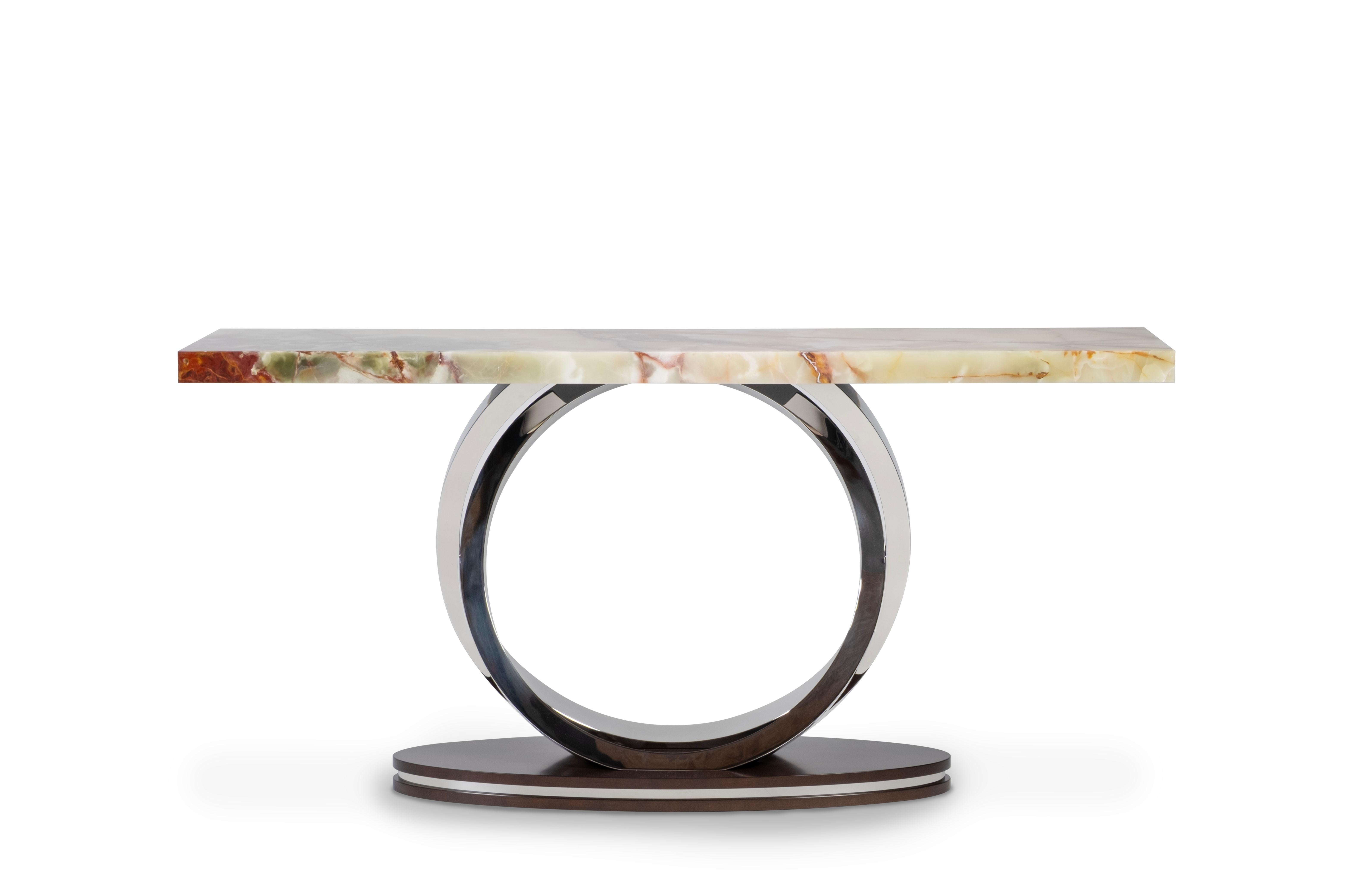 Art Deco Armilar Konsolentisch, Grüner Onyx, Edelstahl, Handarbeit Greenapple (Art déco) im Angebot