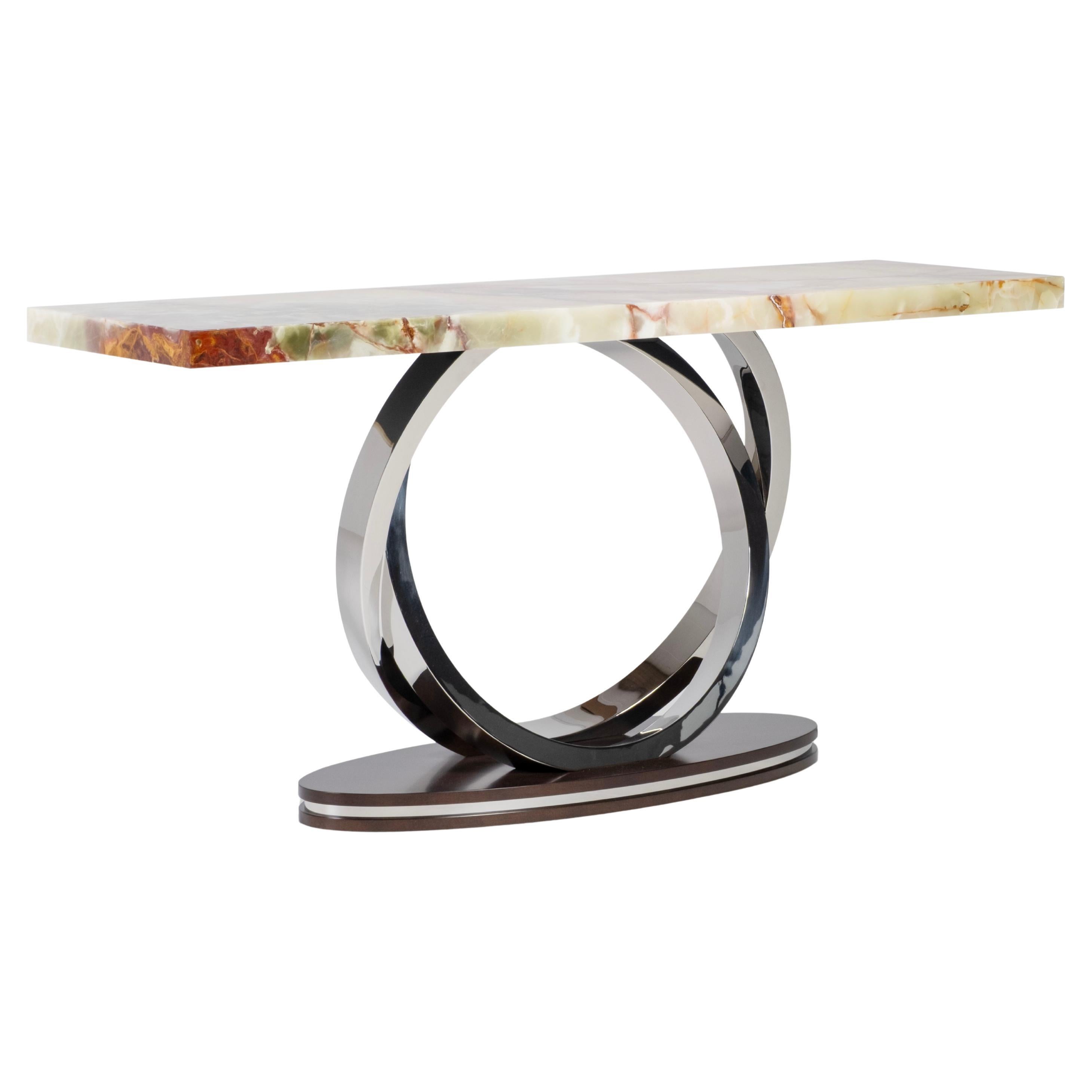 Art Deco Armilar Konsolentisch, Grüner Onyx, Edelstahl, Handarbeit Greenapple im Angebot