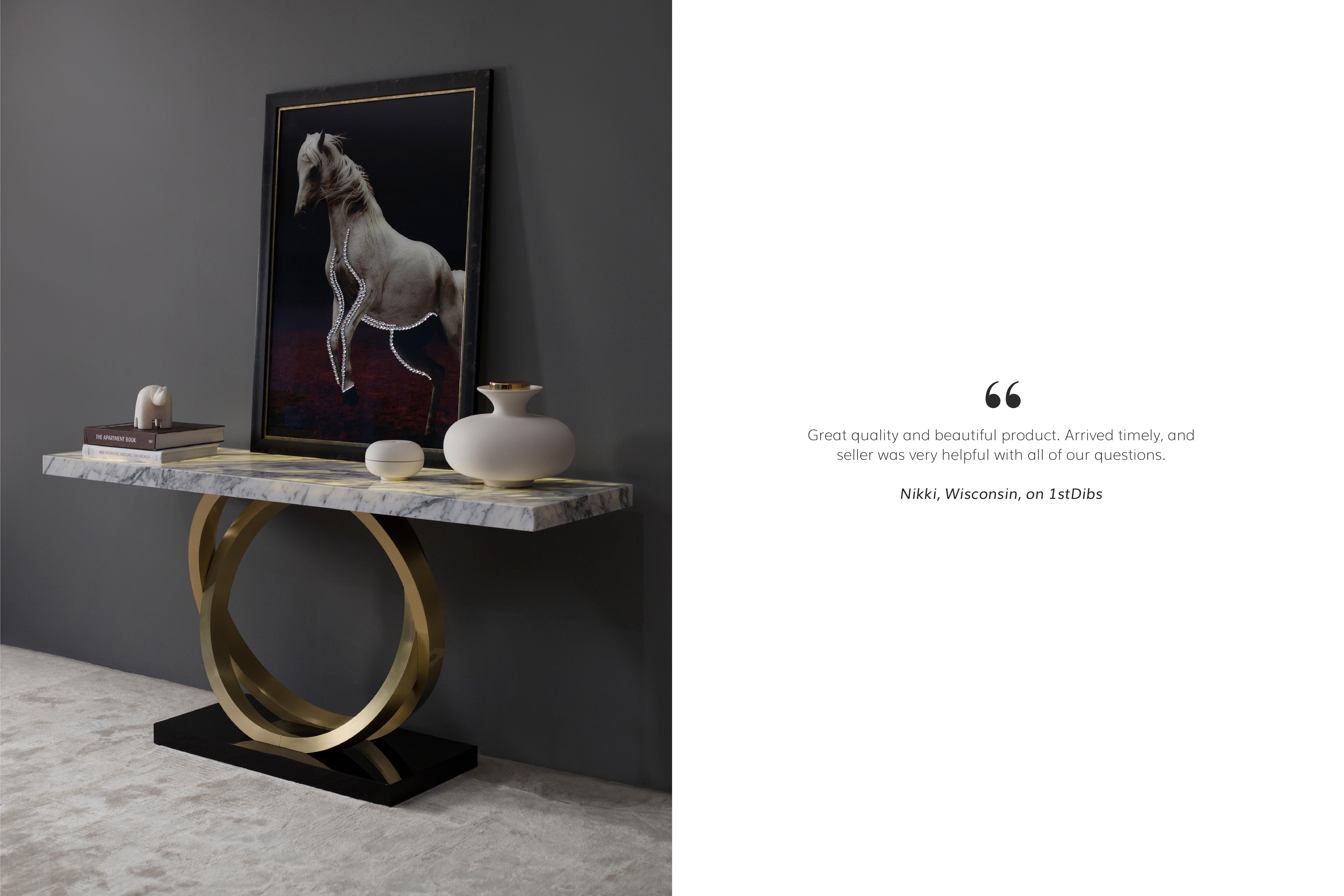 Contemporary Art Deco Armilar Console Table, Statuary Marble, Brass, Handmade by Greenapple For Sale