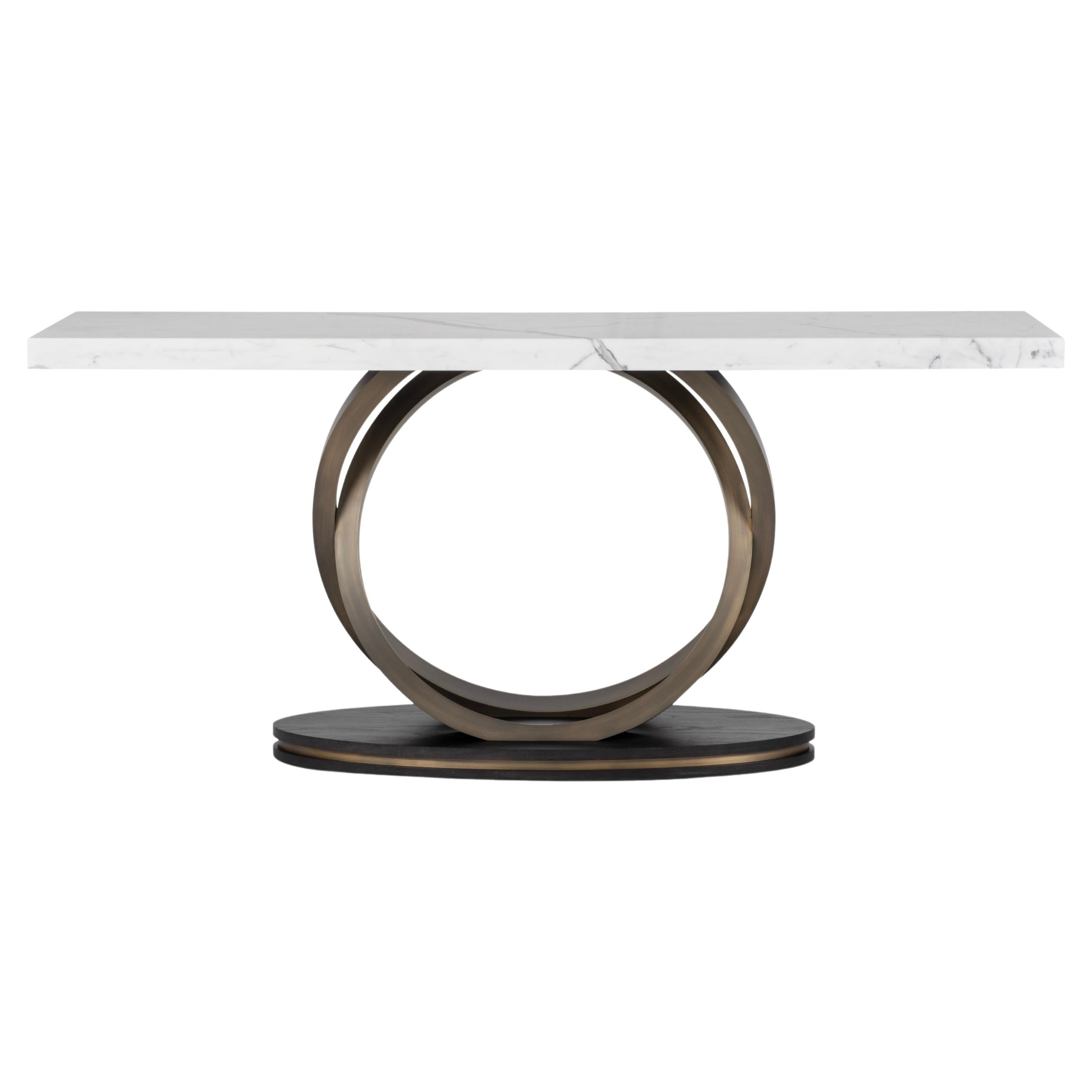 Modern Armilar Console Table, Statuary Marble, Brass, Handmade by Greenapple For Sale