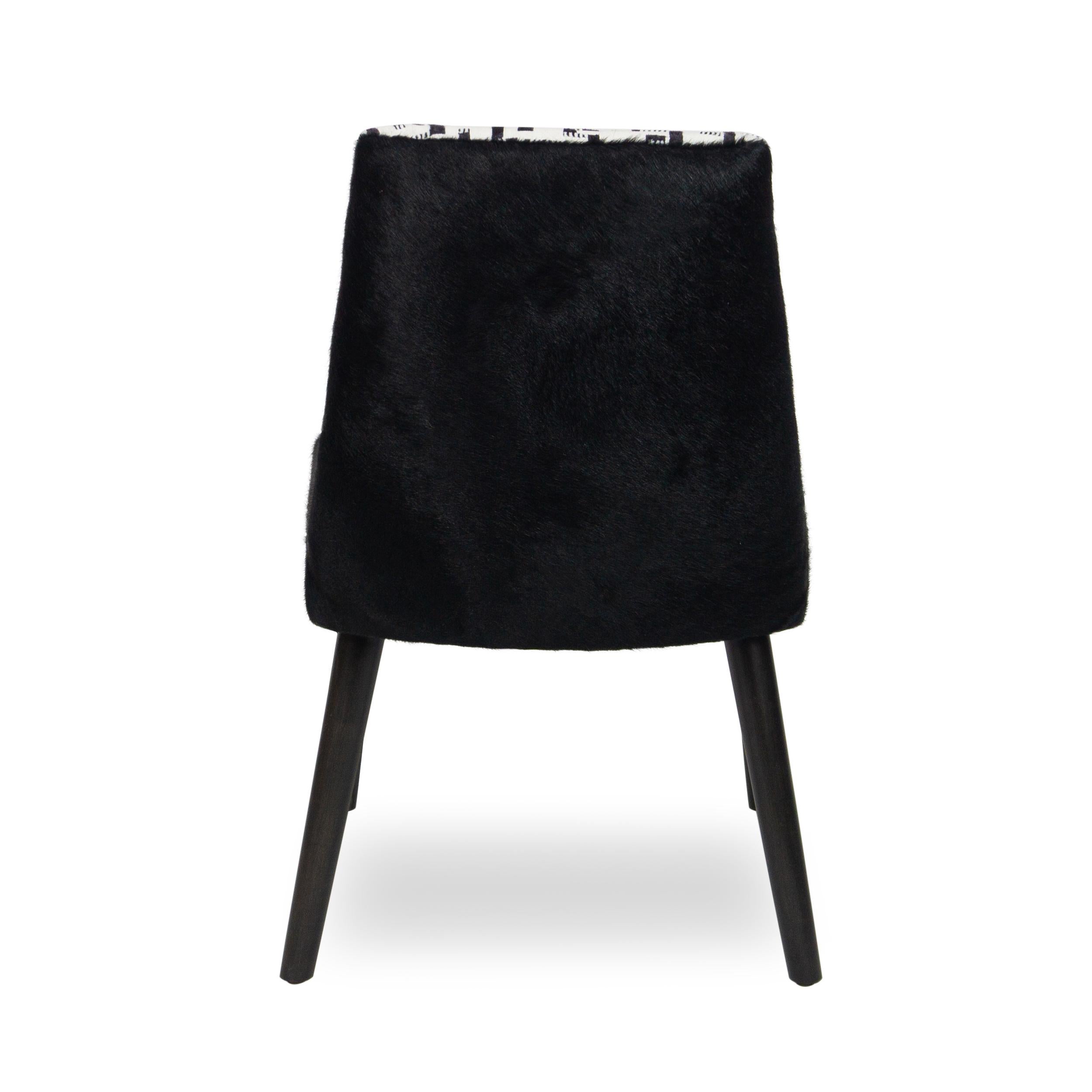Modern Armless Dining Chair with White and Black Graphic Velvet and Cowhide For Sale 4