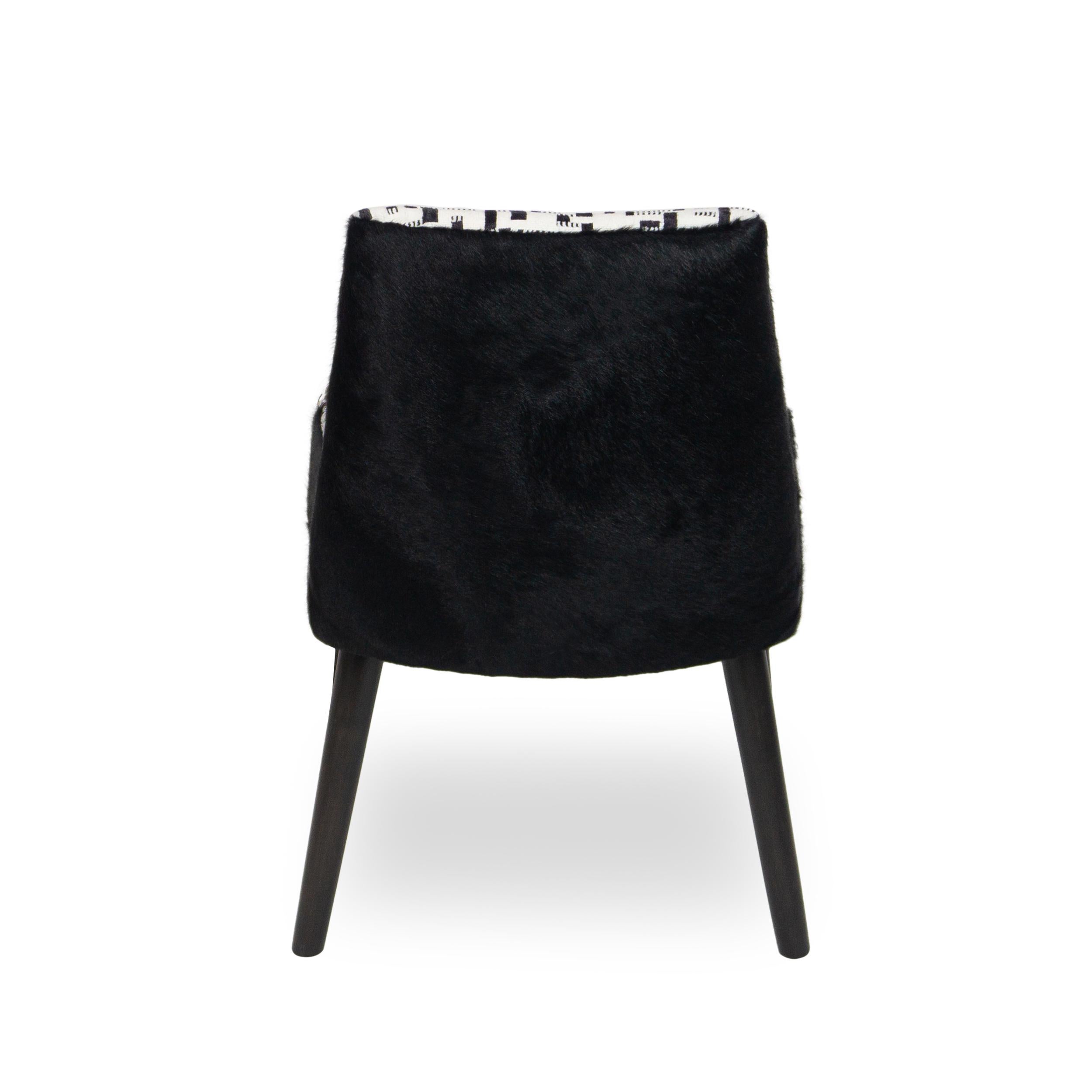 Modern Armless Dining Chair with White and Black Graphic Velvet and Cowhide For Sale 5