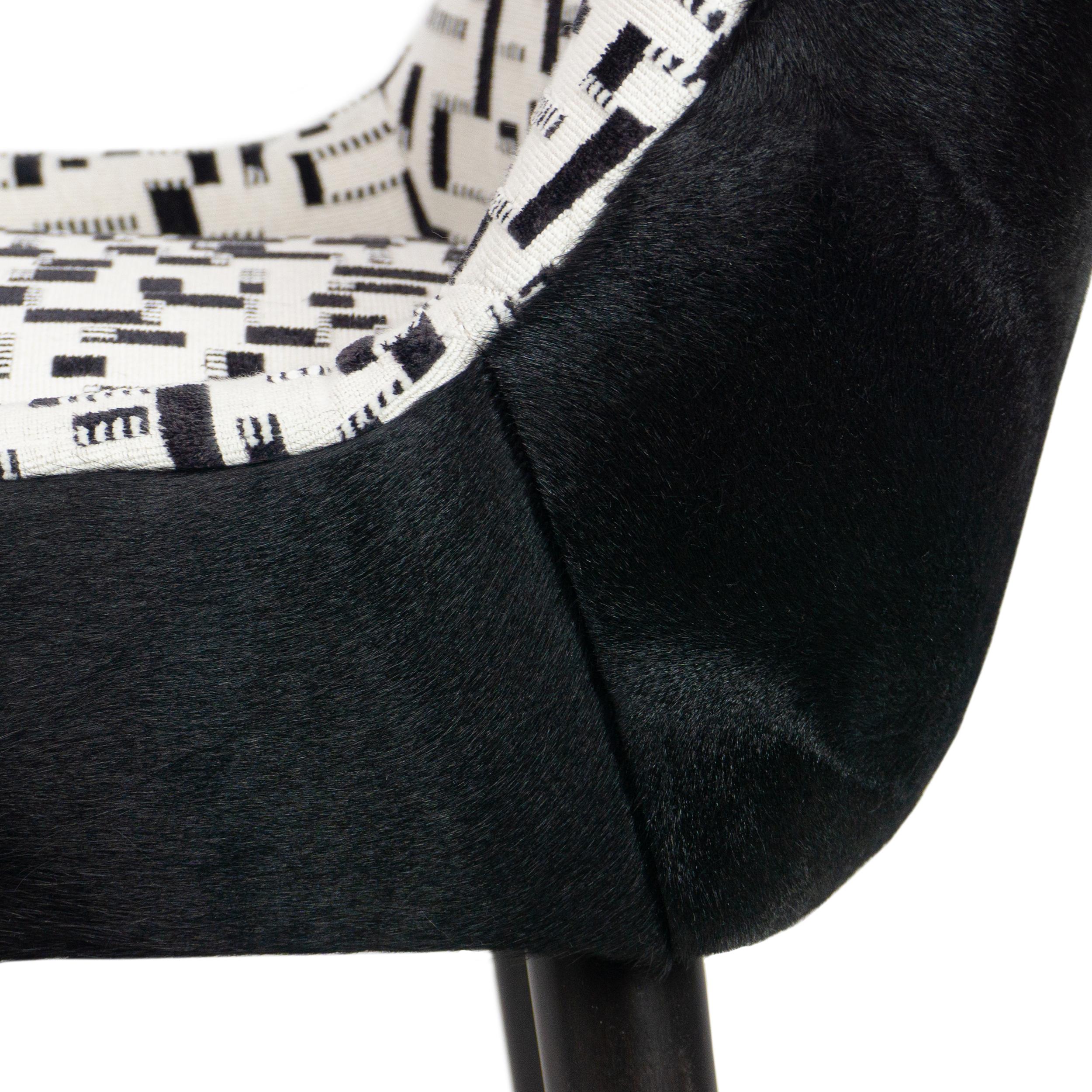 Modern Armless Dining Chair with White and Black Graphic Velvet and Cowhide For Sale 6