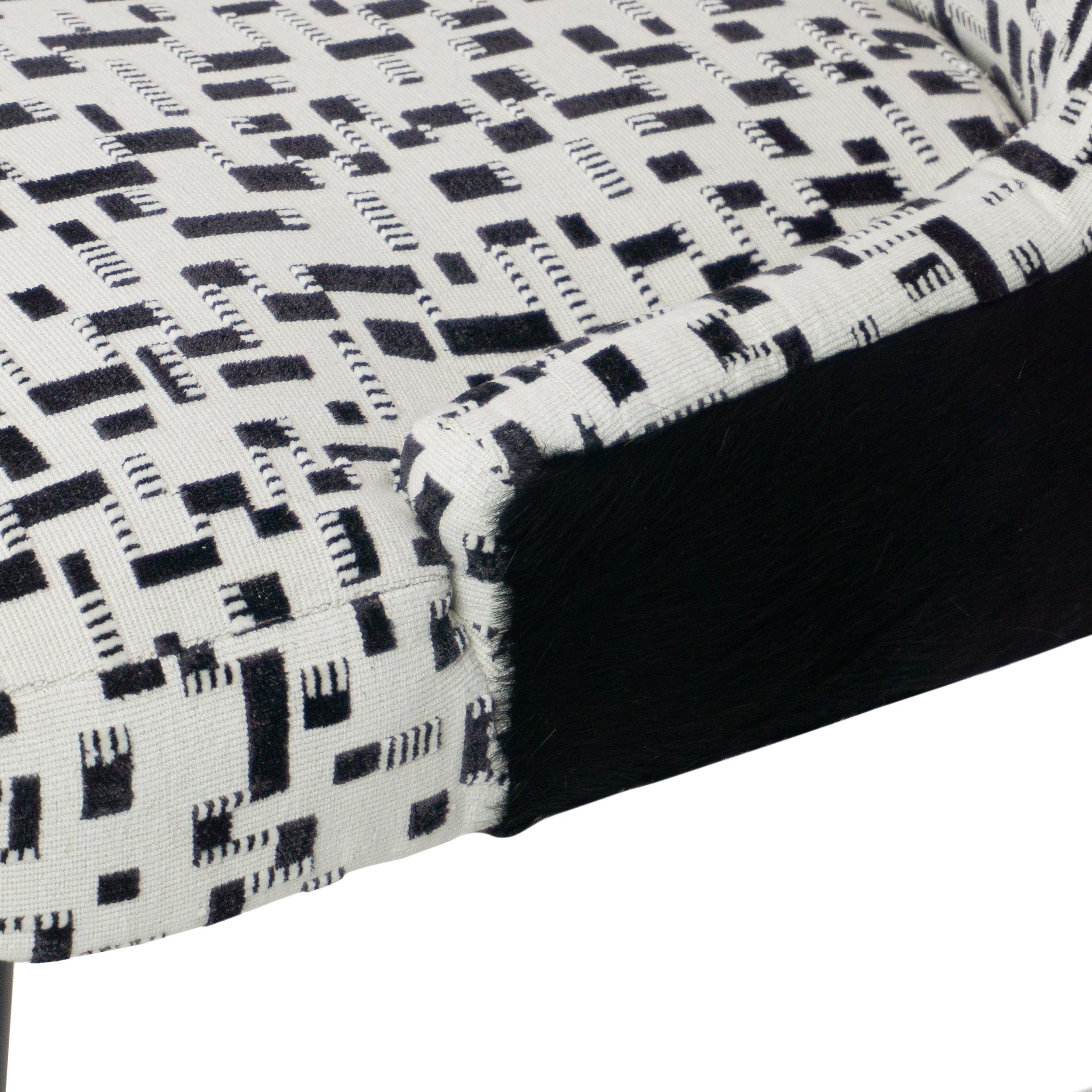 Modern Armless Dining Chair with White and Black Graphic Velvet and Cowhide For Sale 7