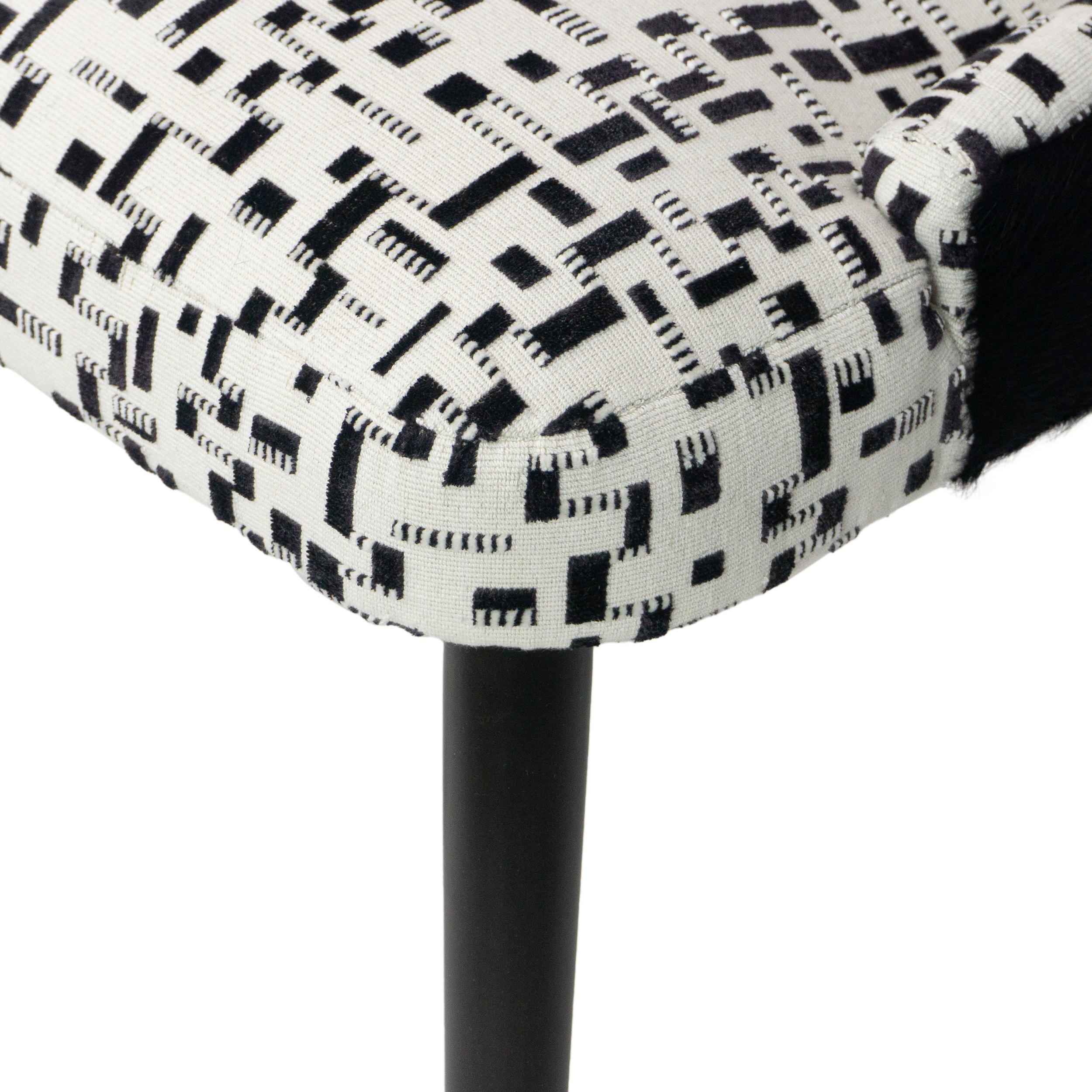 Modern Armless Dining Chair with White and Black Graphic Velvet and Cowhide For Sale 8