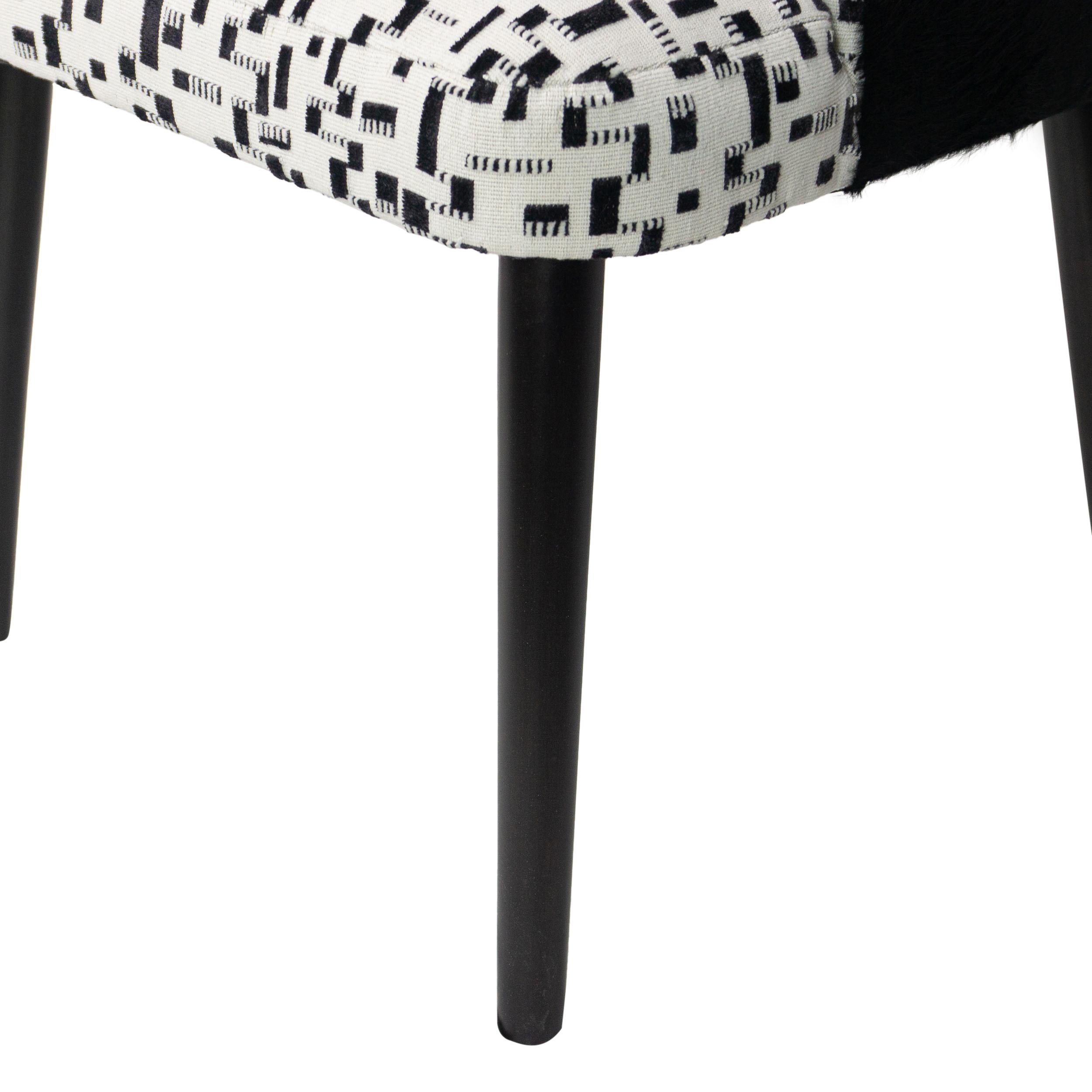Modern Armless Dining Chair with White and Black Graphic Velvet and Cowhide For Sale 9