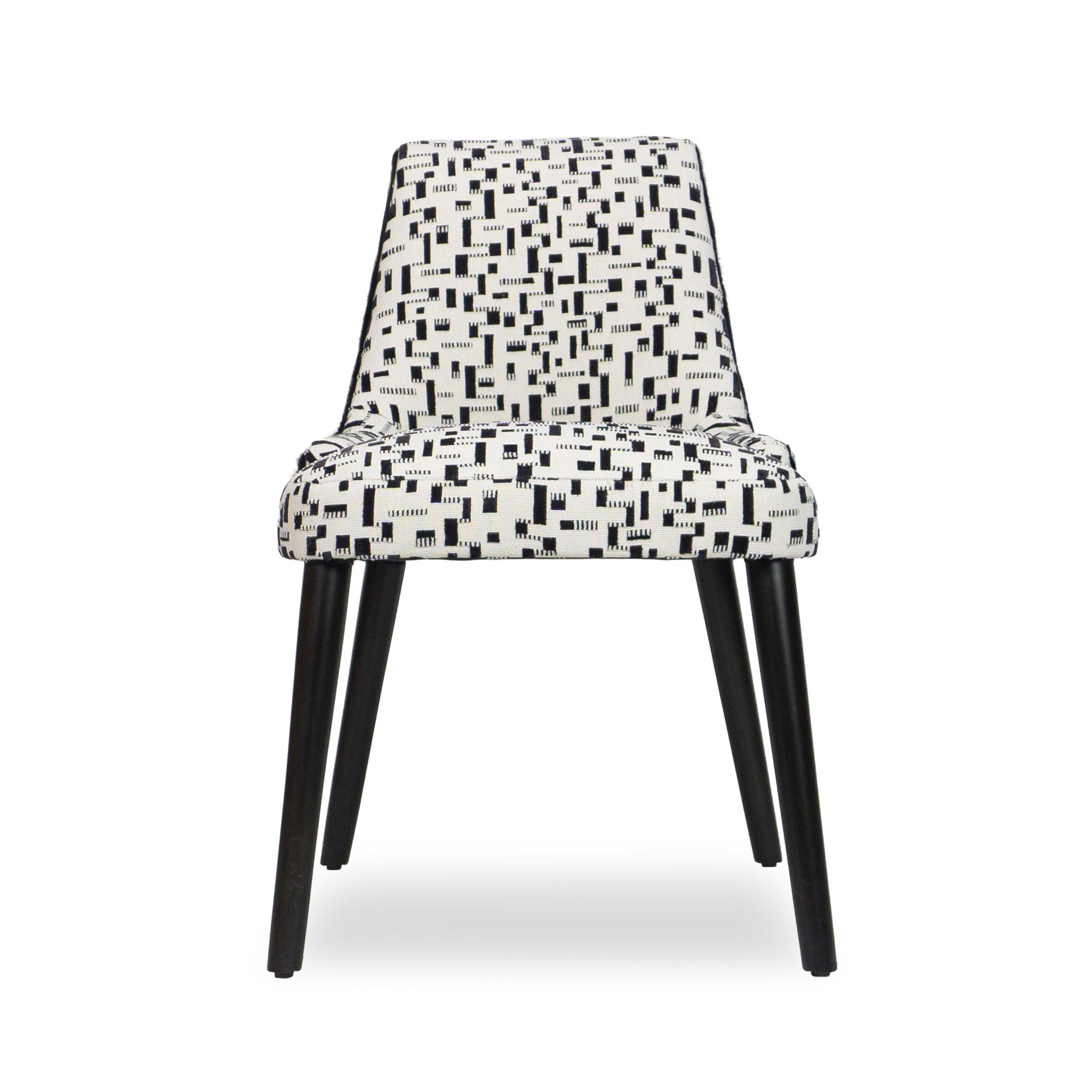 Stained Modern Armless Dining Chair with White and Black Graphic Velvet and Cowhide For Sale