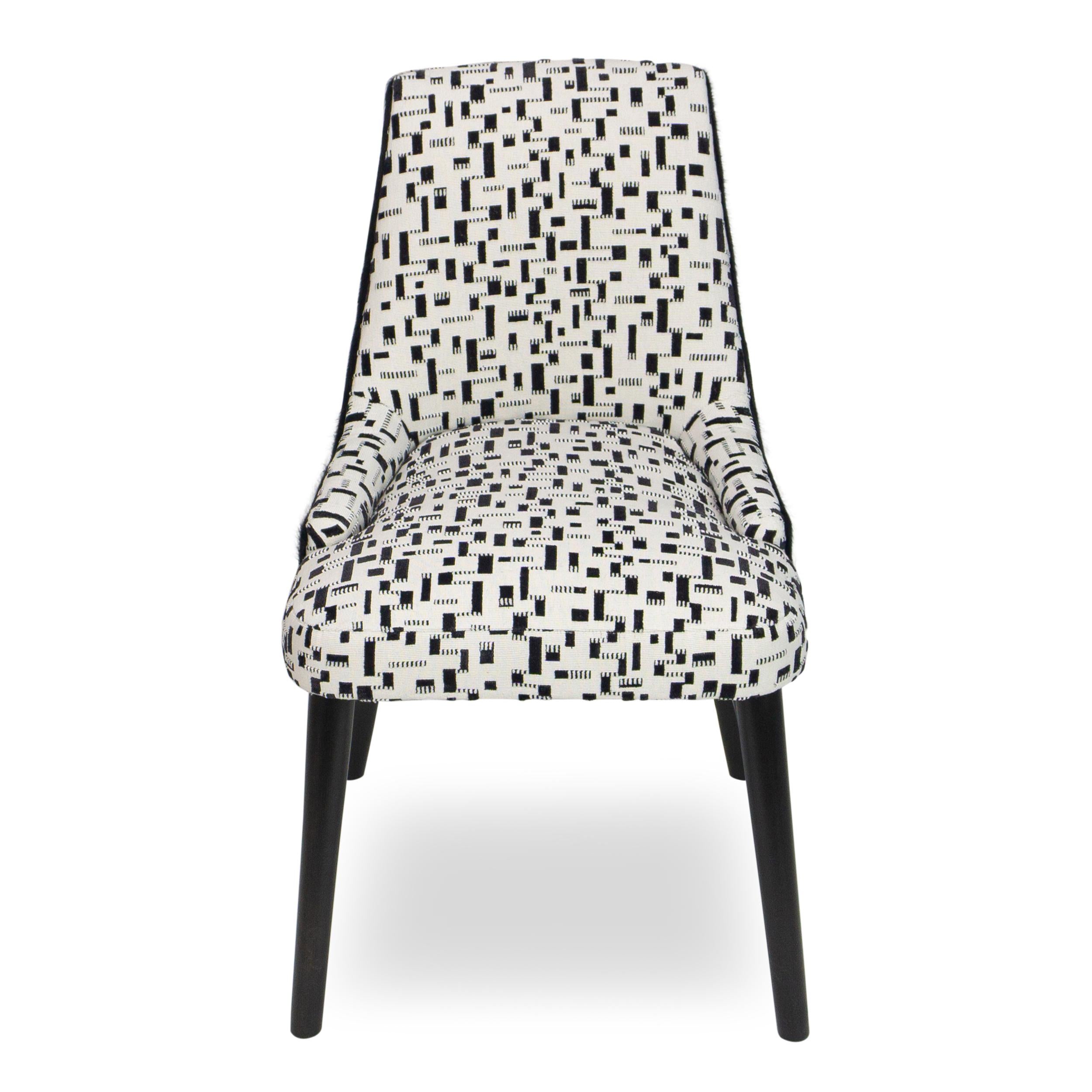 Contemporary Modern Armless Dining Chair with White and Black Graphic Velvet and Cowhide For Sale