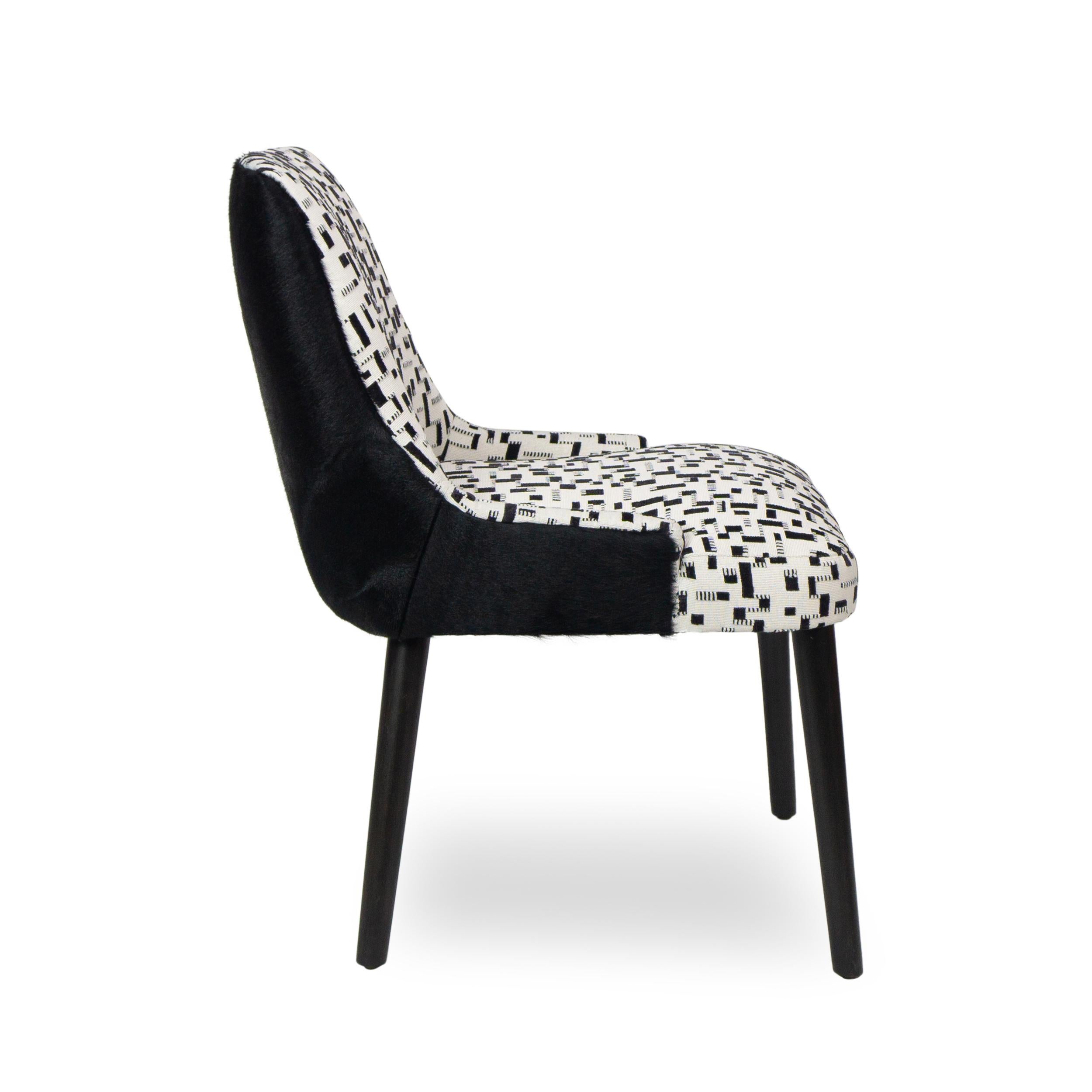 Modern Armless Dining Chair with White and Black Graphic Velvet and Cowhide For Sale 1