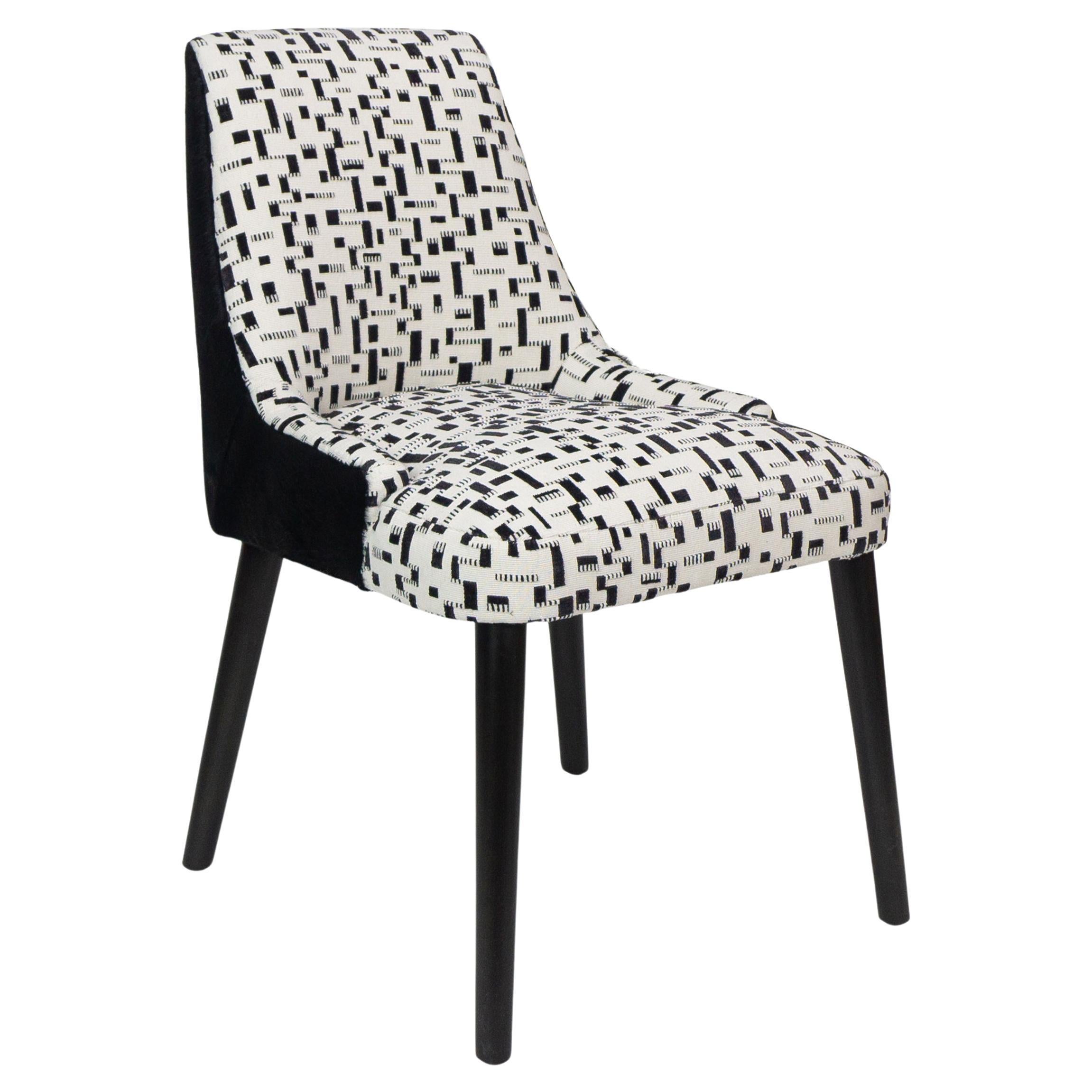 Modern Armless Dining Chair with White and Black Graphic Velvet and Cowhide