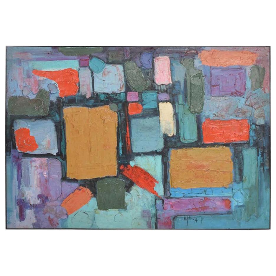 Modern Art Bold Cubist Abstract Oil on Canvas Vibrant Aqua & Purple Signed 1994