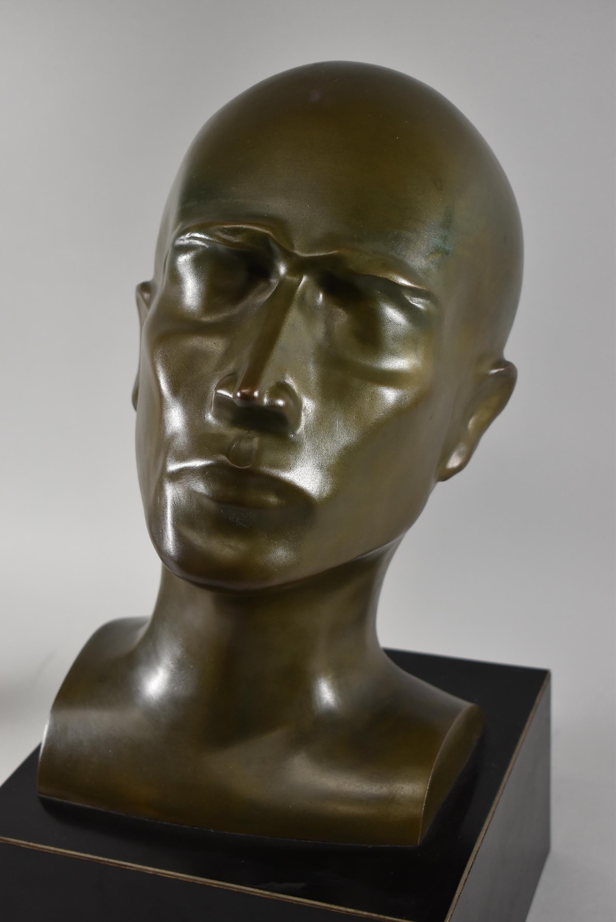 Modern art bronze male bust sculpture. Laminate base. Very nice condition. Dimensions: 8