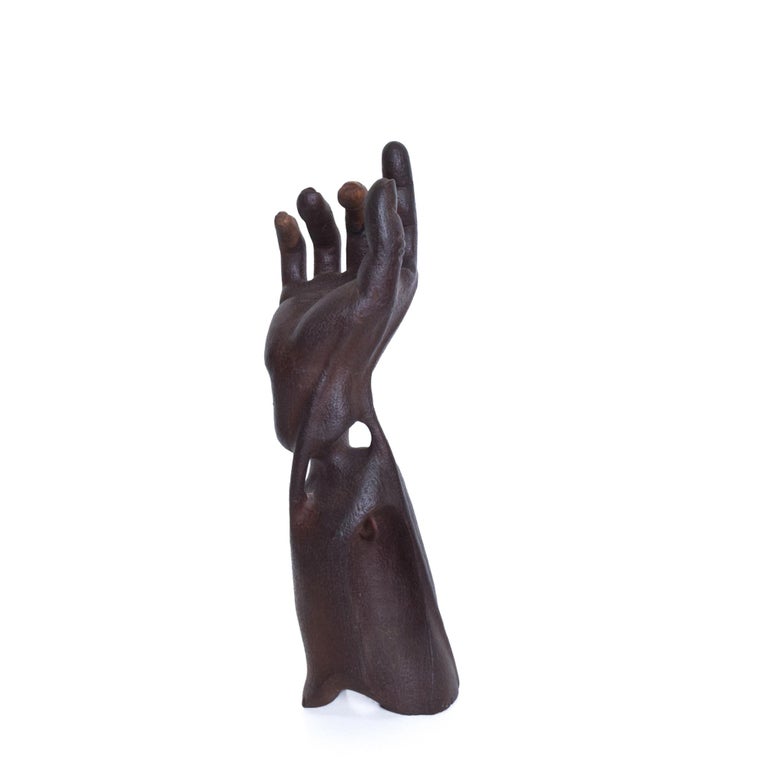 Patinated Modern Art Brutalist Suggestive Hand Sculpture in Wood 1950s Modernism Mexico For Sale
