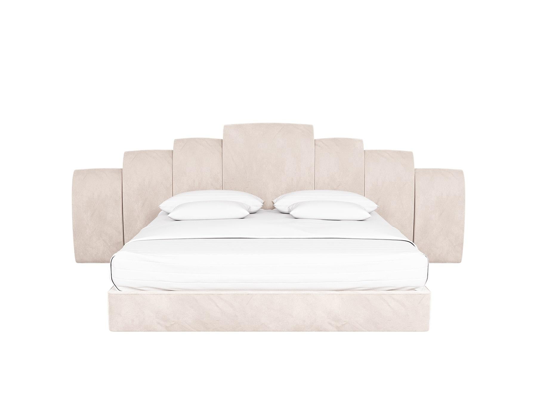 Modernes Bett im Art-Déco-Stil, rosa Veltet-Polsterung, Kopfteil und Holzstruktur (Stoff) im Angebot