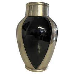 Modern Art Deco Black Glaze Terracotta Vase Silver Detail