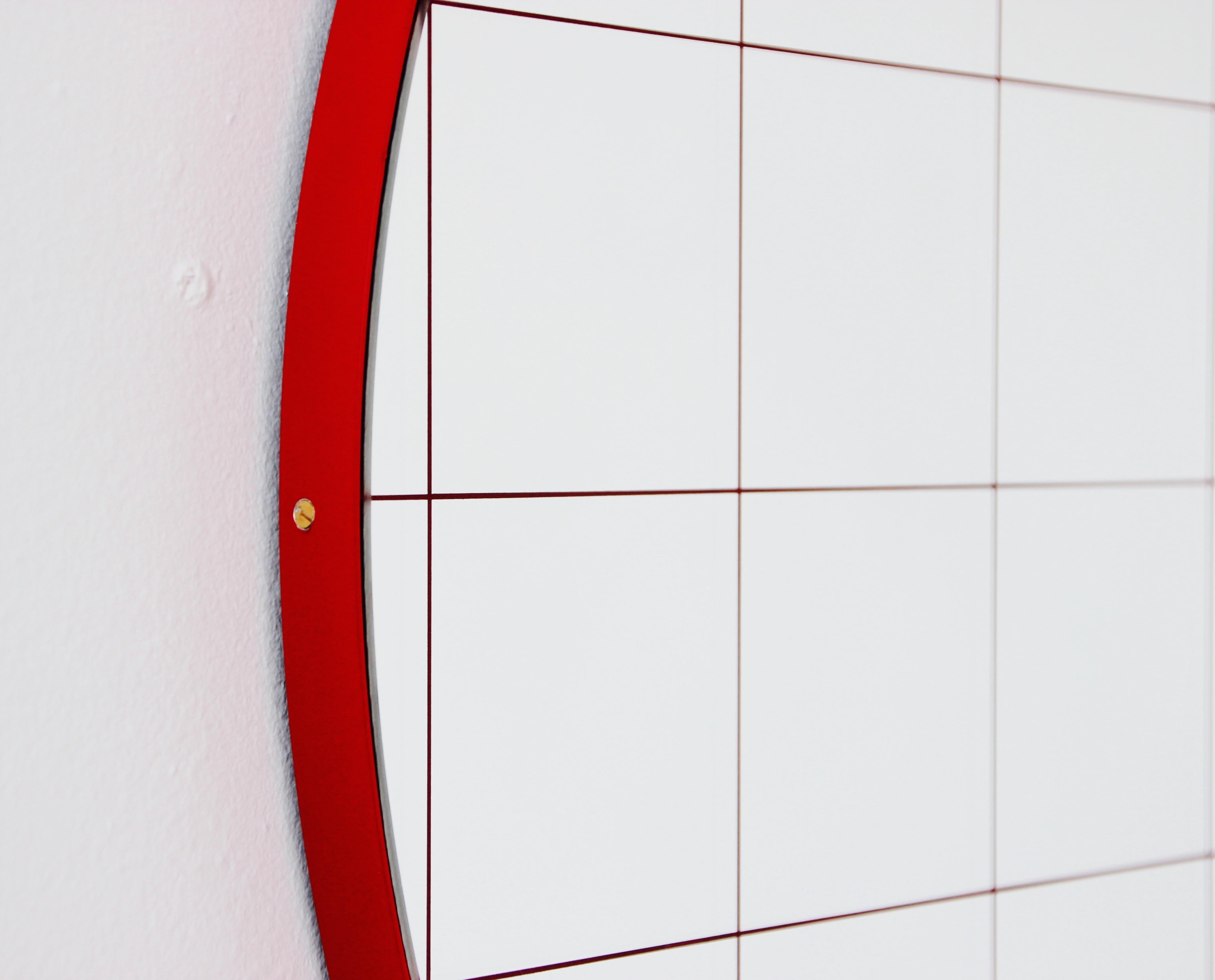 Contemporary Orbis Red Grid Round Modern Sandblasted Mirror with Red Frame, Medium