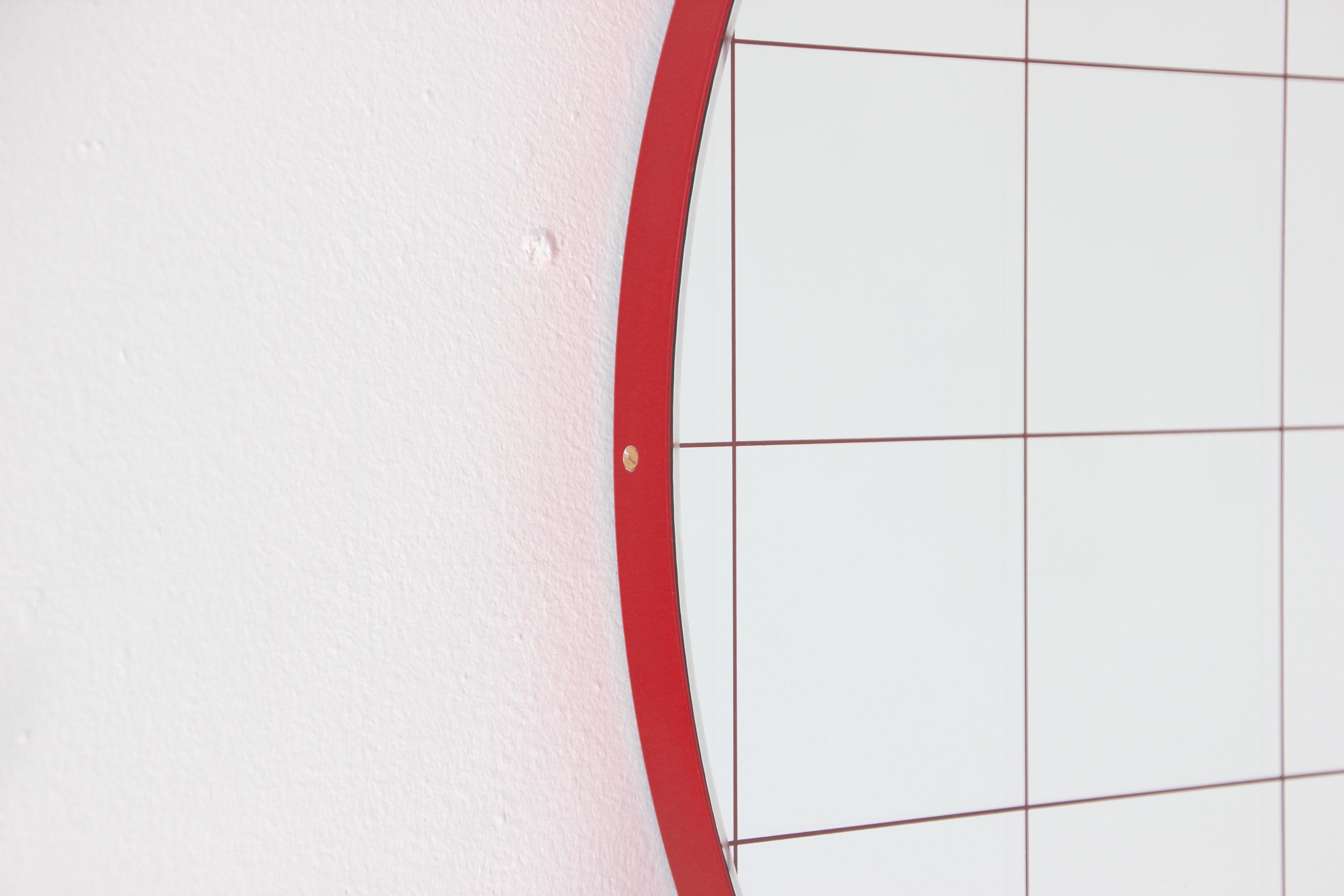 Orbis Red Grid Round Modern Sandblasted Mirror with Red Frame, Medium 1