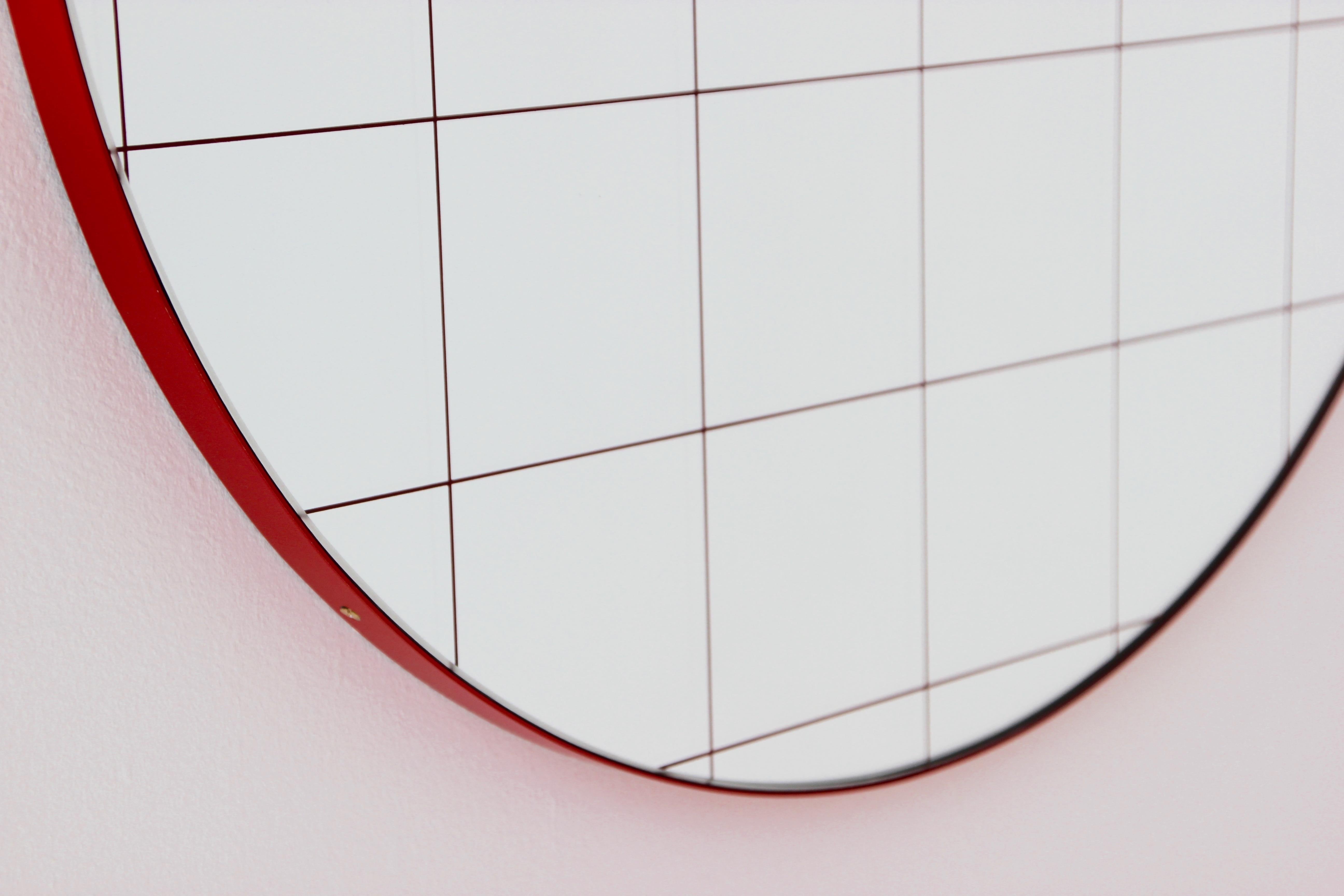 Orbis Red Grid Round Modern Sandblasted Mirror with Red Frame, Medium 2
