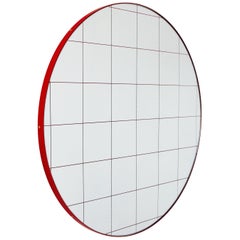 Orbis Red Grid Round Modern Sandblasted Mirror with Red Frame, Medium