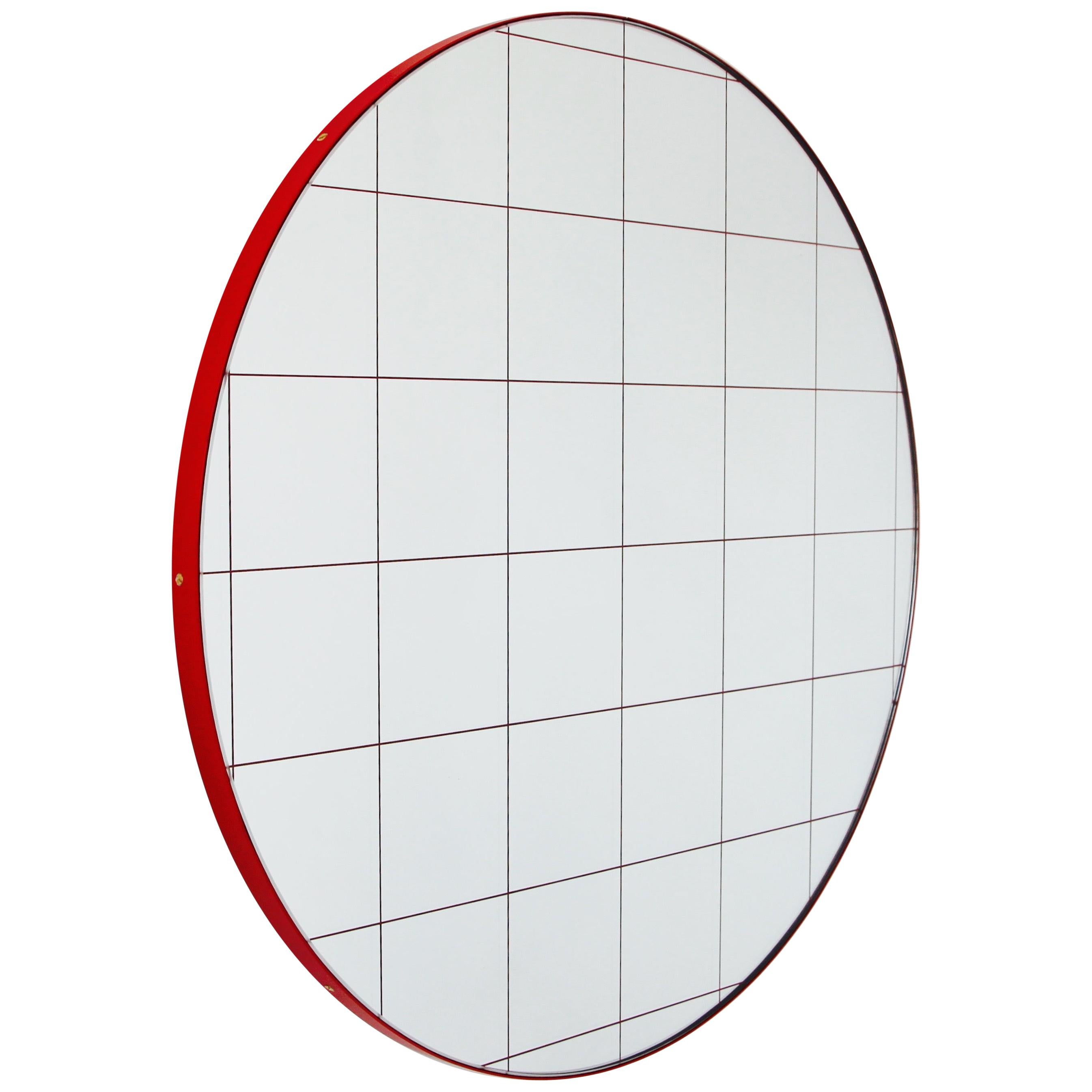 Orbis Red Grid Round Contemporary Sandblasted Mirror with Red Frame, XL