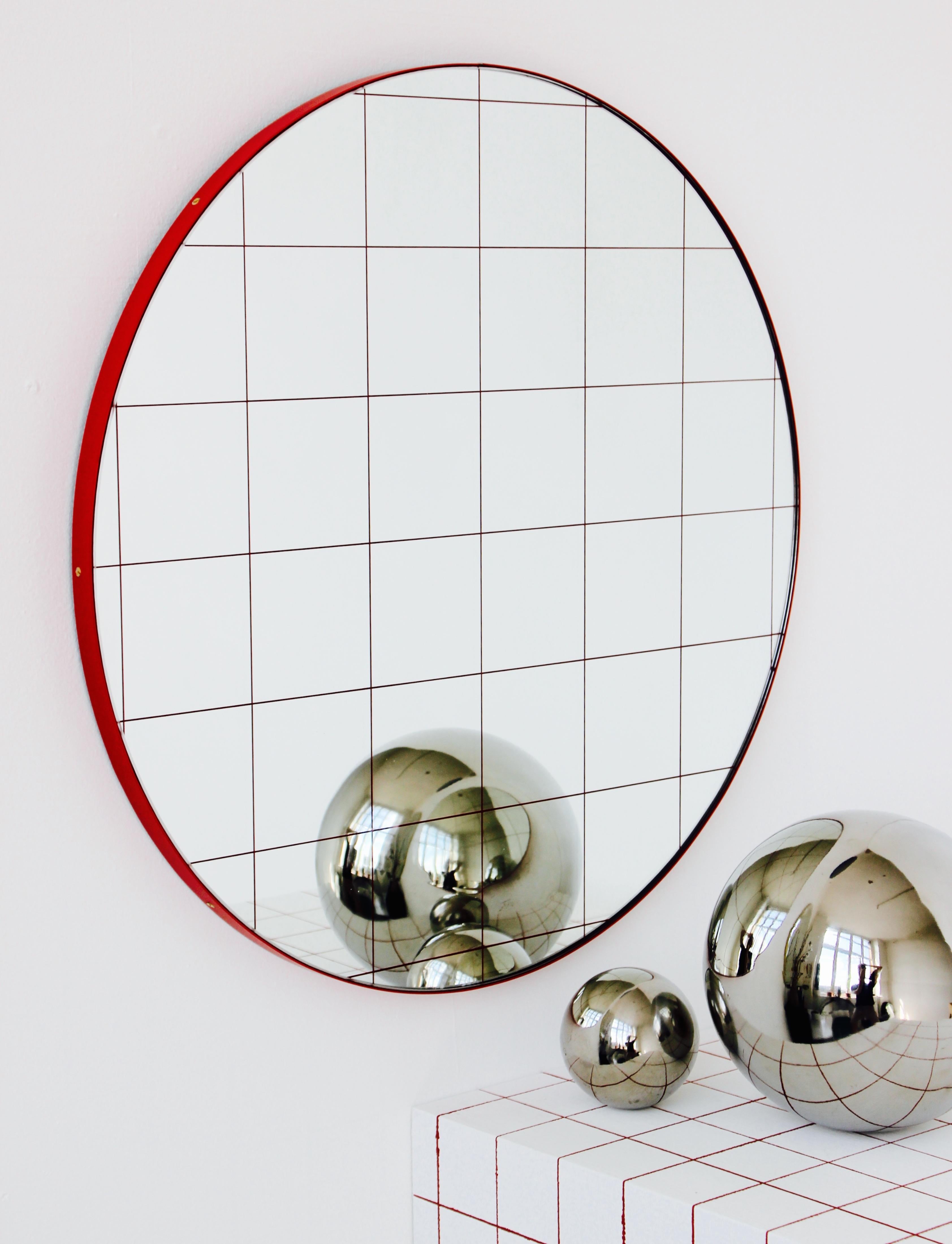 Organic Modern Orbis Red Grid Round Contemporary Sandblasted Mirror with Red Frame, XL