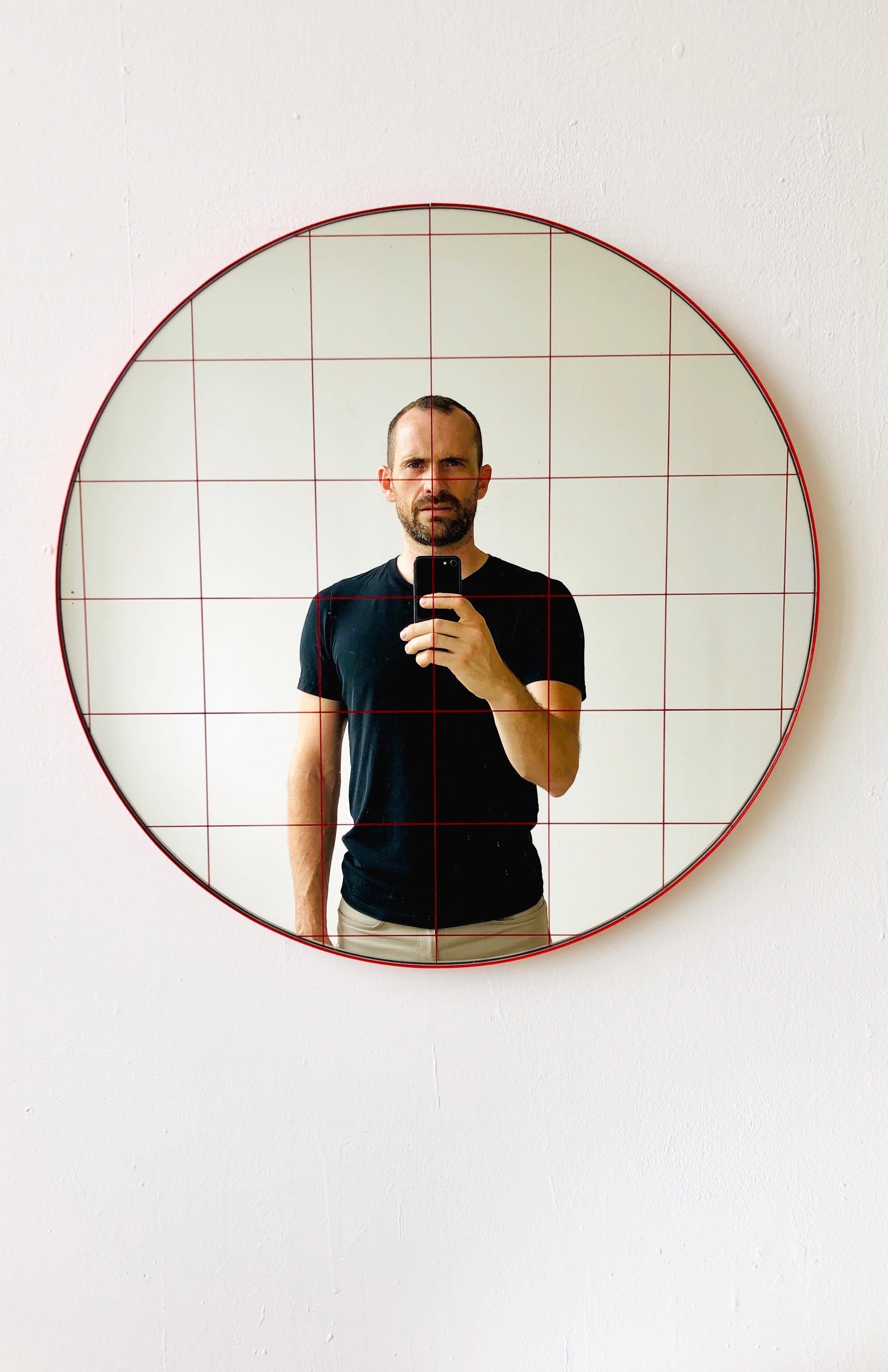 British Orbis Red Grid Round Contemporary Sandblasted Mirror with Red Frame, XL