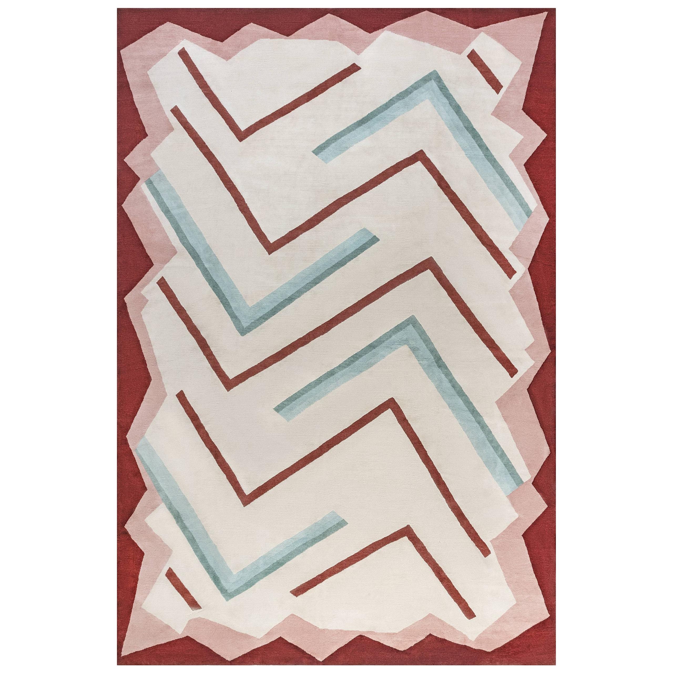 French Art Deco Rug Midcentury Emerald Green and Ivory Hand Knotted