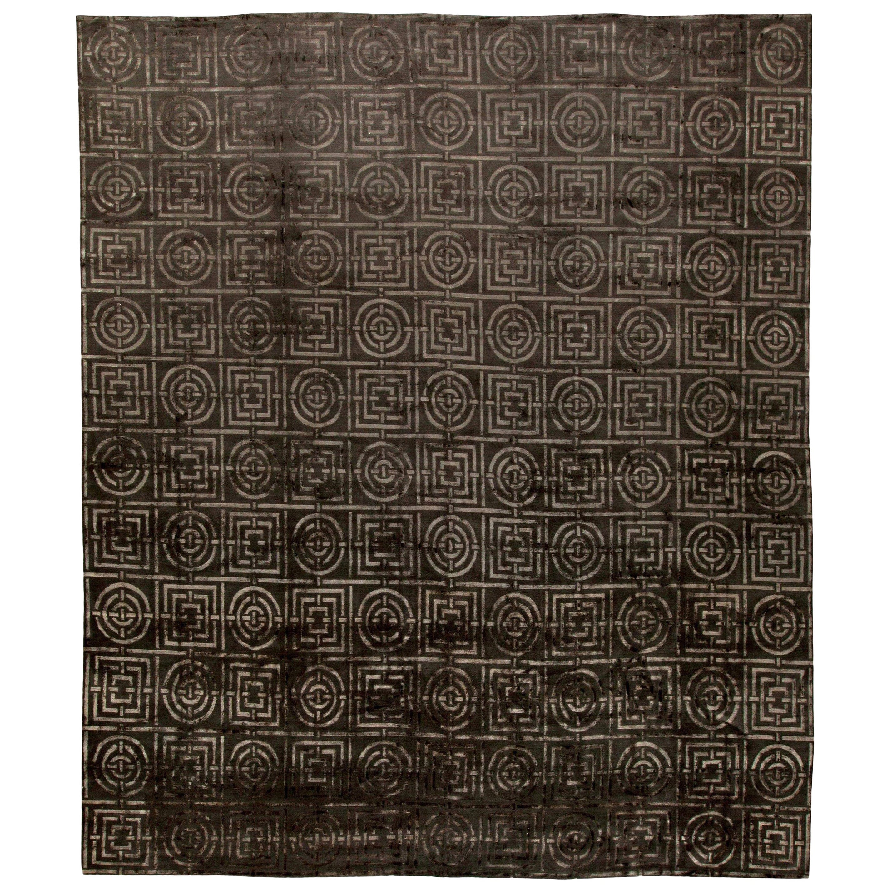 Tapis tibétain moderne Art Déco en laine et soie fait à la main par Doris Leslie Blau