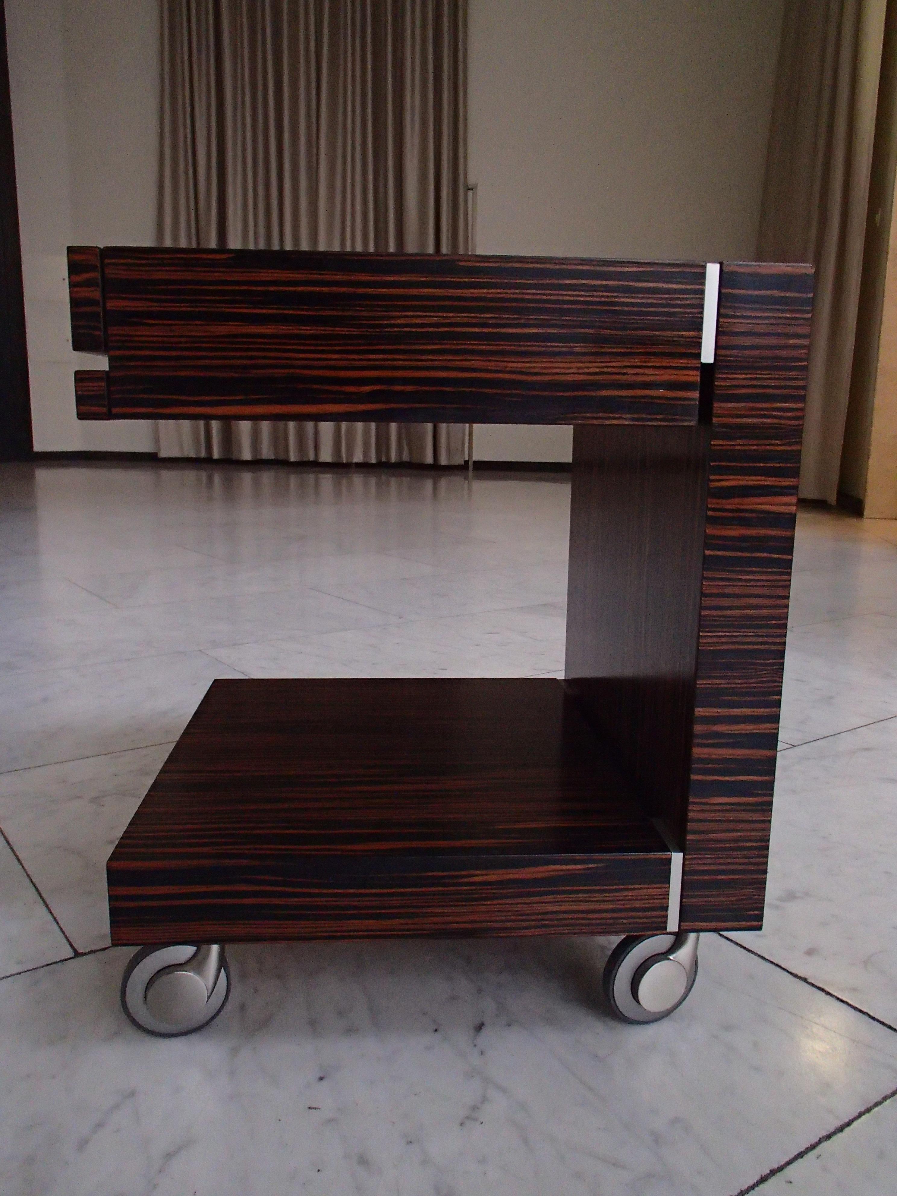 Swiss Modern Art Deco Ebene De Macassar Side Table or Nightstand with Drawer on Wheels For Sale