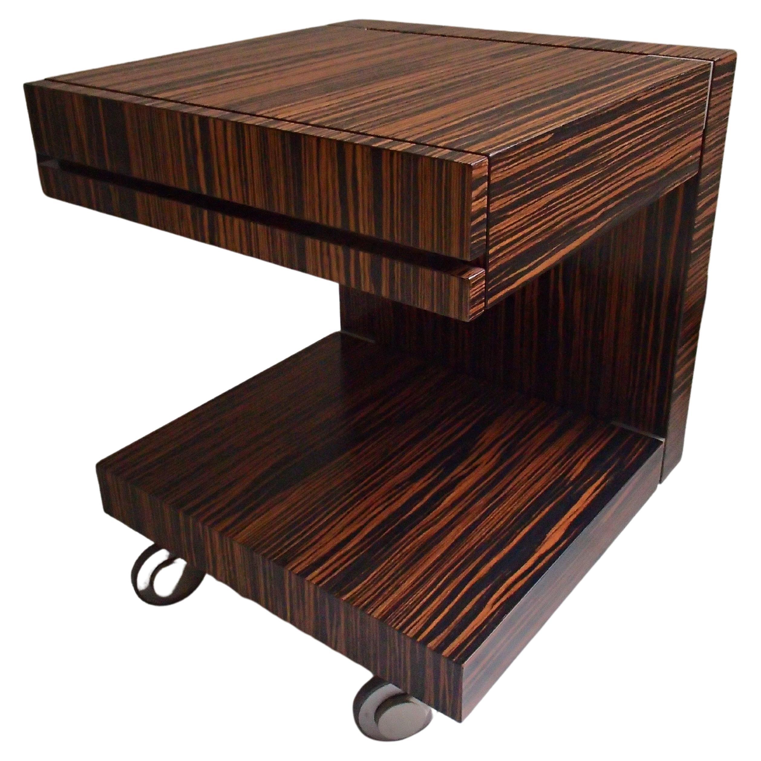 Modern Art Deco Ebene De Macassar Side Table or Nightstand with Drawer on Wheels For Sale