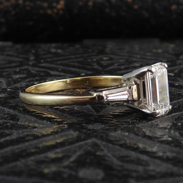 Modern Art Deco Emerald Cut Diamond Ring, Tapered Baguette Diamond