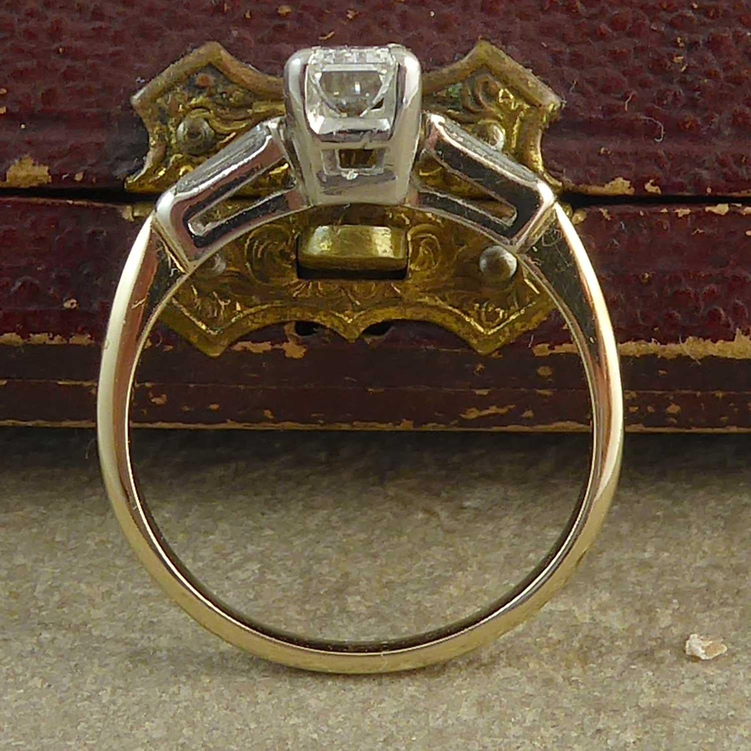 Women's or Men's Modern Art Deco Emerald Cut Diamond Ring, Tapered Baguette Diamond Shoulders
