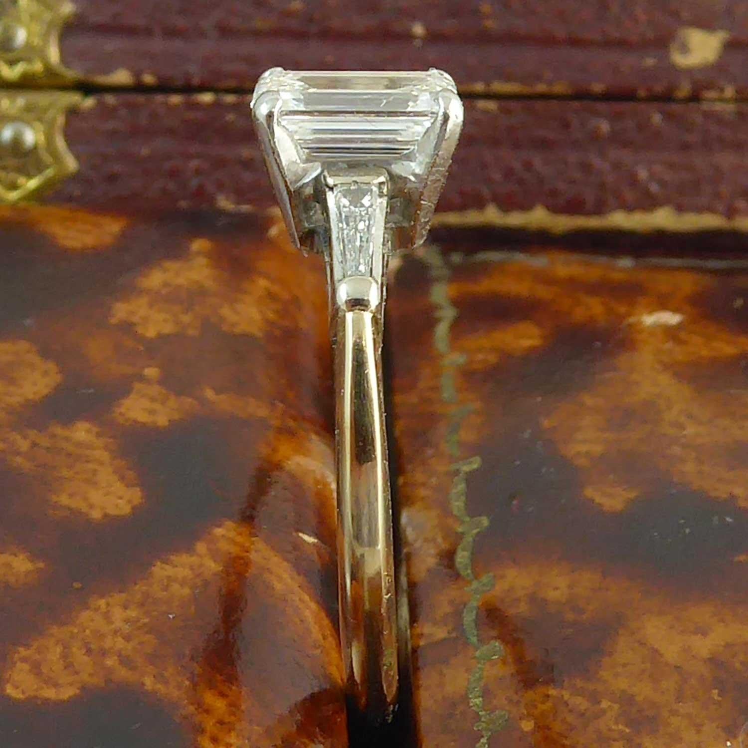 Modern Art Deco Emerald Cut Diamond Ring, Tapered Baguette Diamond Shoulders 1