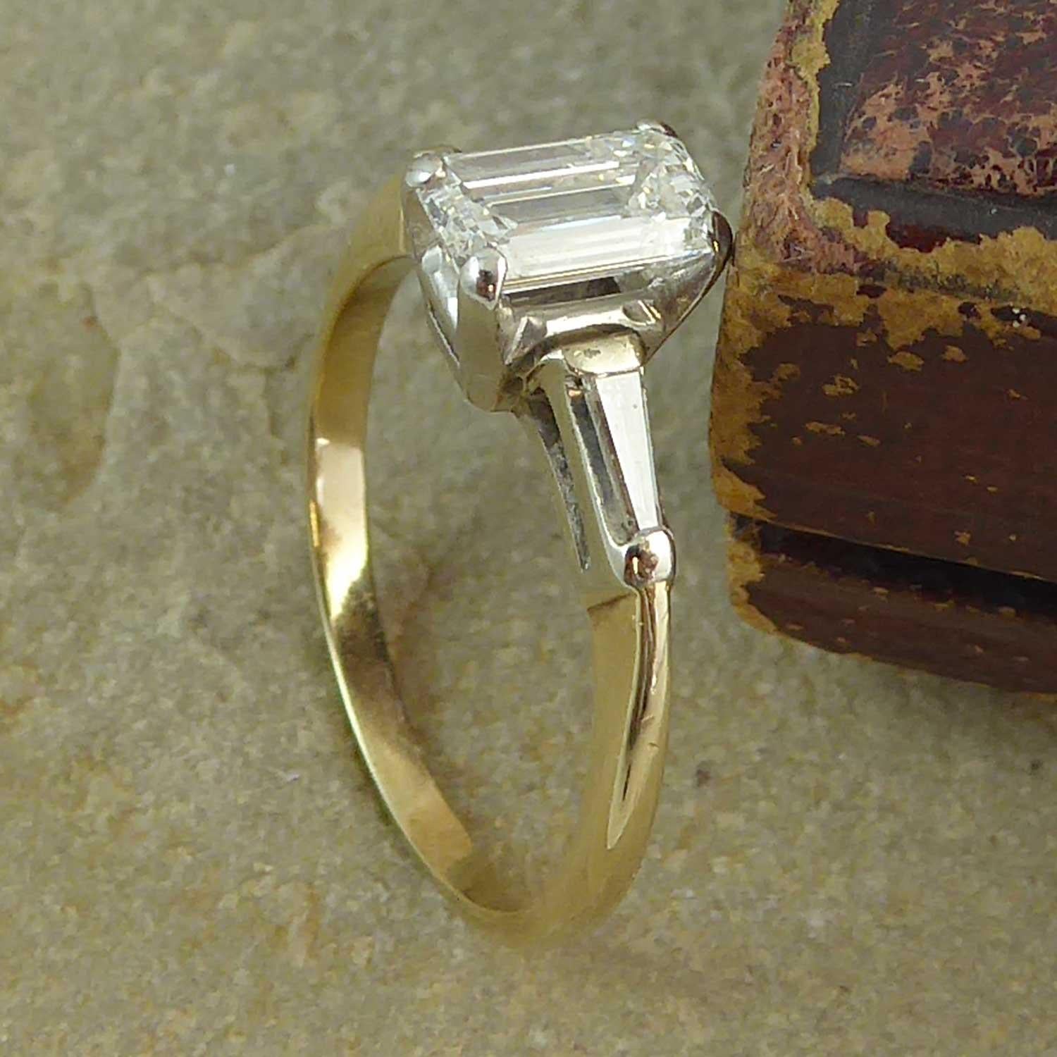 Modern Art Deco Emerald Cut Diamond Ring, Tapered Baguette Diamond Shoulders 2