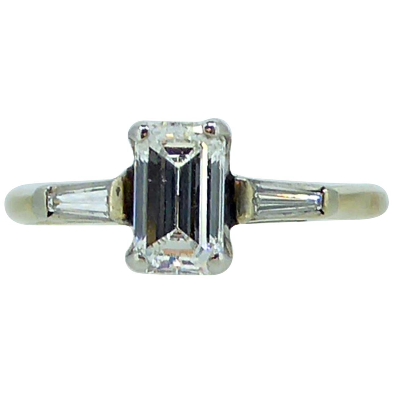 Modern Art Deco Emerald Cut Diamond Ring, Tapered Baguette Diamond Shoulders